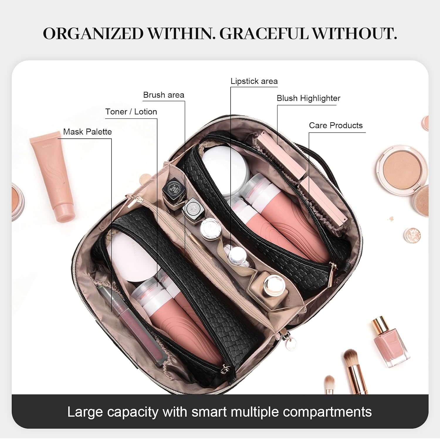 Travel Makeup Bag for Women: 3 Pcs Set Vagen Leather Make up Bag Hand-made | Large Capacity Toiletry Organizer Bag - Waterproof Ladies Travel Flat Open Essentials for Luxury (03Black) - Image 5