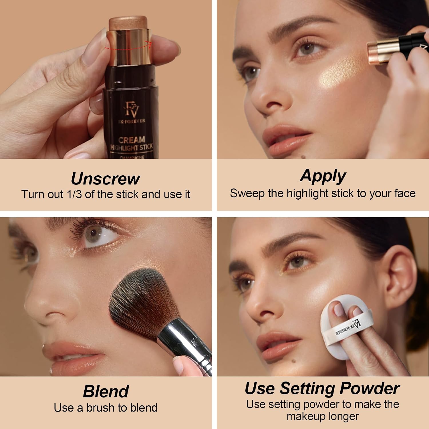 FV Cream Highlighter Stick, Blendable & Long Lasting Highlight Stick with Natural Finish, Shimmer Face Highlighter Makeup for Glowing Skin & Eyeshadow, Cruelty-free, 03 Champagne - Image 8