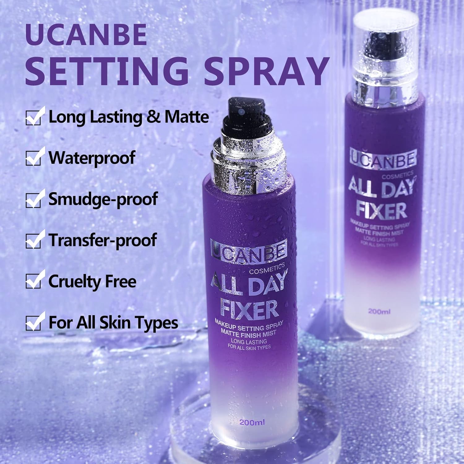 UCANBEMAKEUP Long Lasting Makeup Setting Spray Kit- 6.76 Fl oz Hydrating Matte Finish Mist Lightweight Face Make up Fixer +Travel Size Spray Bottle+Sponge Puff Makeup Set - Image 2