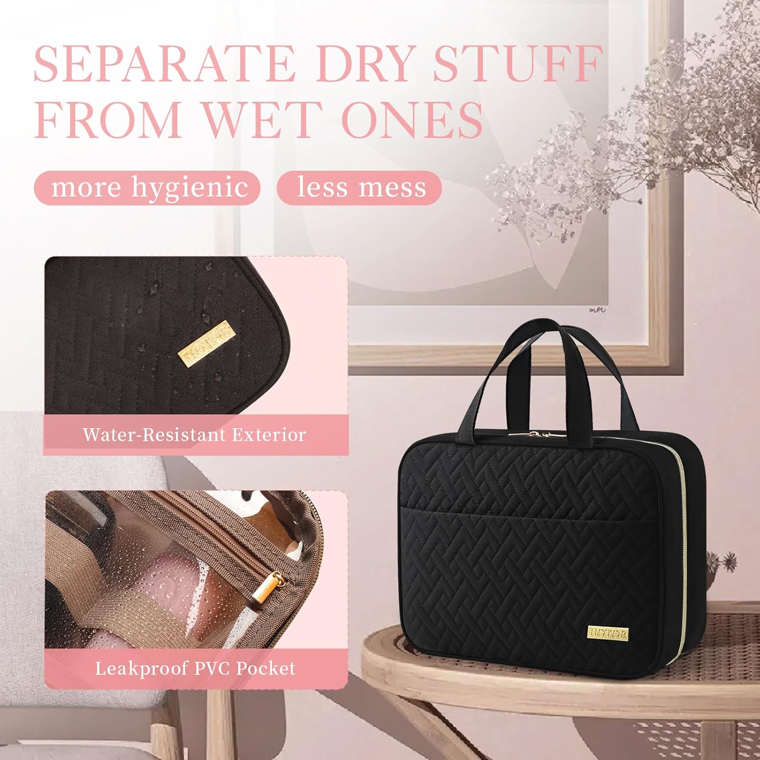 HOTOR Hanging Travel Toiletry Bag Women Men Essentials Black | Big Compartment, Waterproof Travel Accessories, Makeup Organizer Cosmetic Bag for Cruise, Gift, Road Trip, Vacation, Medium - Image 3