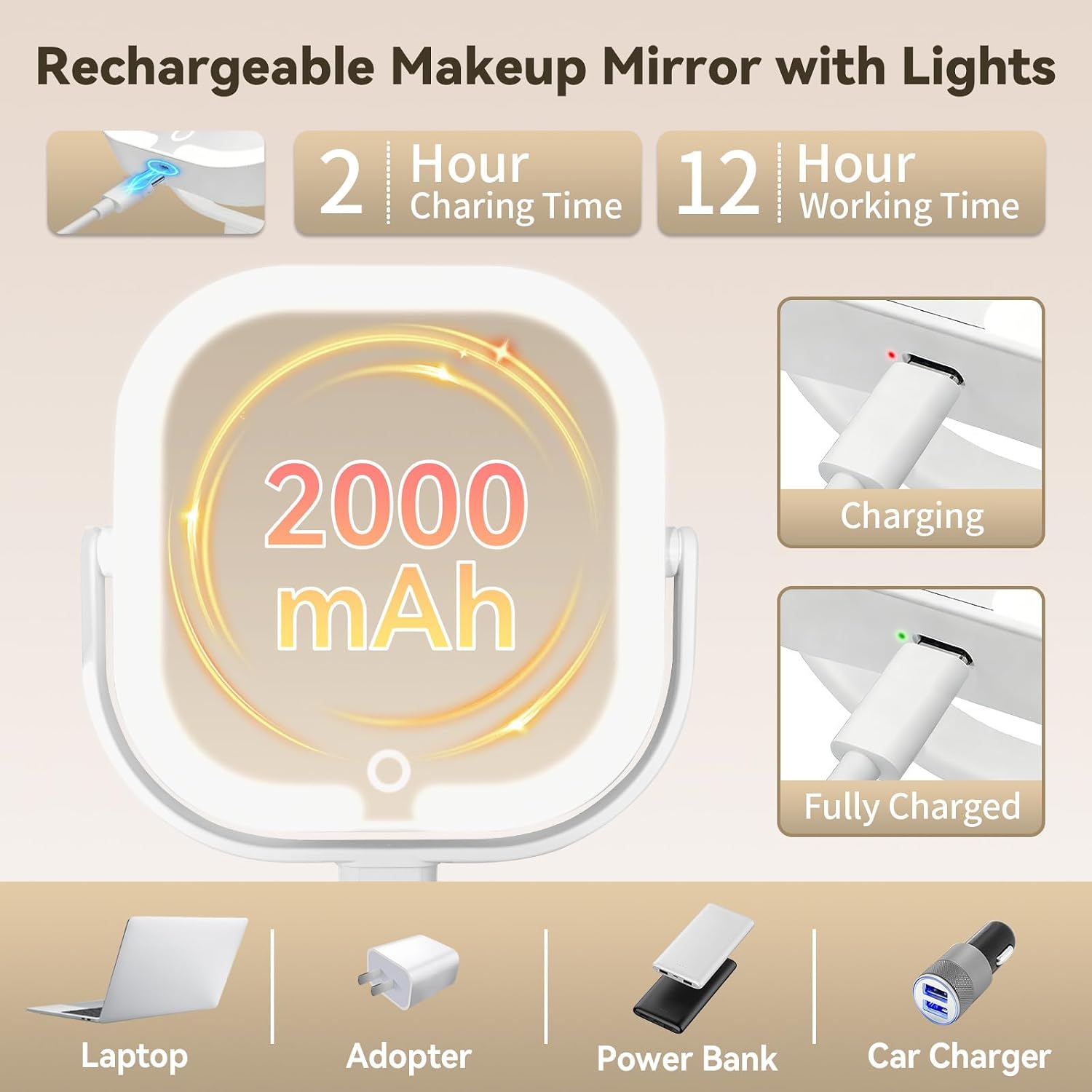 Makeup Mirror with Lights, 1X/10X Magnifying Mirror with Light, Rechargeable Lighted Makeup Mirror with Magnification, 3-Color Lighting, Height Adjustable 360° Rotation Desk Mirror, Gift for Women - Image 4