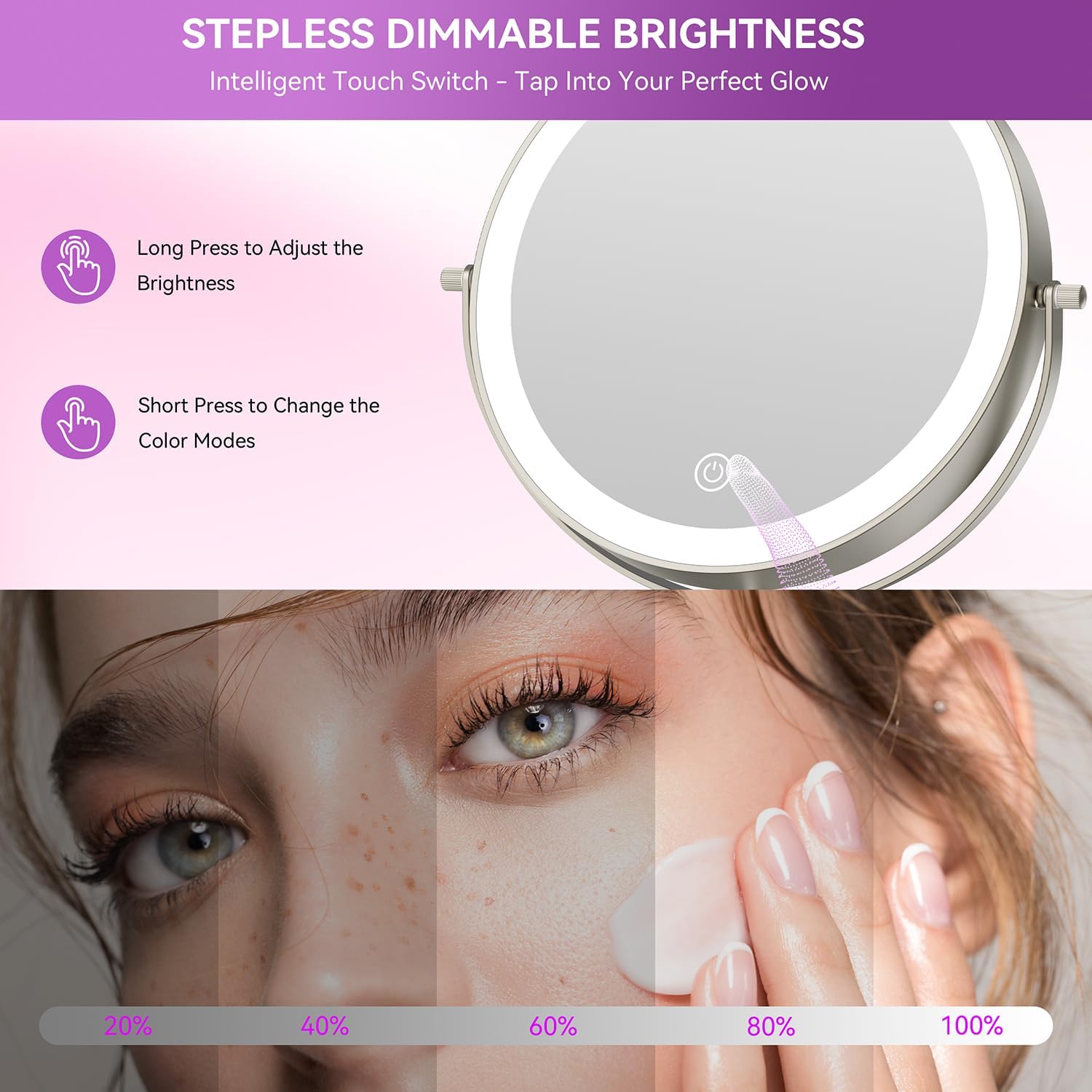 Auxmir 9" 1X/30X Lighted Makeup Mirror, Rechargeable Maginfying Mirror | 3 dimmable colors, 14.9-18.5 in adjustable height, 3000mAh, 360°rotation, stable storage base, 30X magnification, Nickel - Image 4