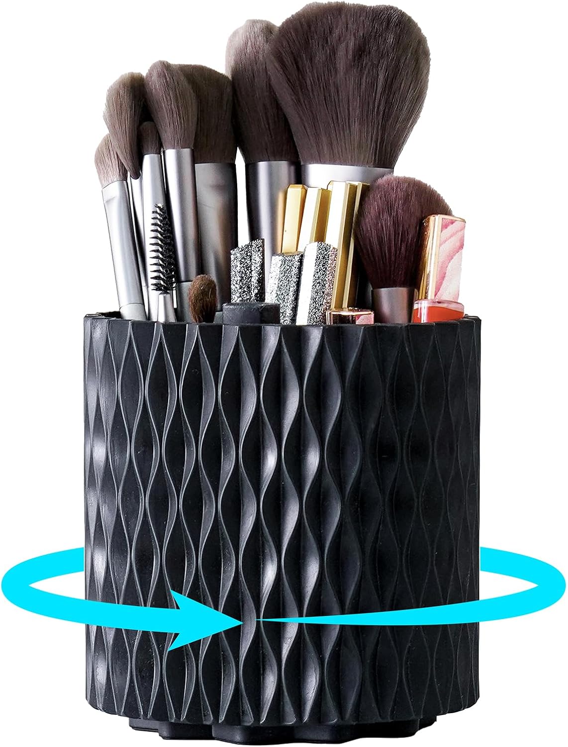 Black Makeup Brush Holder, 360° Rotating Makeup Organizer | 5-slot spinning vanity countertop caddy for makeup brushes, lipstick, hair brush & pens — bathroom, dorm & office