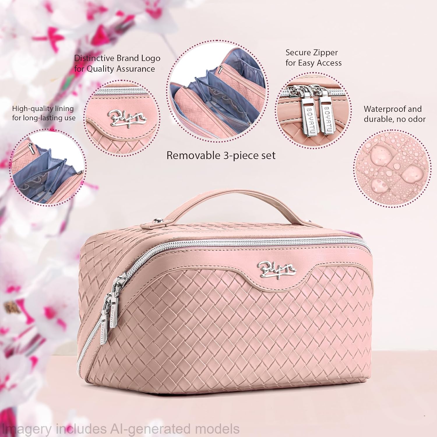 BOYATU Travel Makeup Bag Cosmetic Bags for Women: 3 Pcs Set Make up Bag | Large Capacity Waterproof Organizer Bags with Compartments - Lay flat Toiletry with Handle (L04 Light Pink) - Image 2