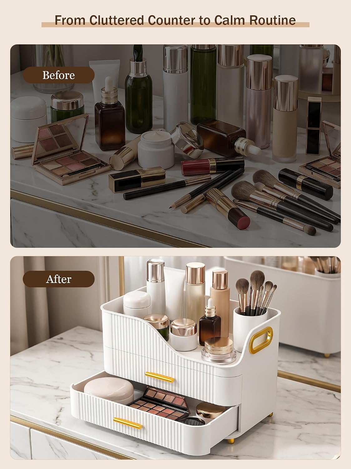 Booklov Large Makeup Organizer for Vanity, Bathroom Countertop, White | Plastic Cosmetic Display Case with Drawers, Beauty Brush Holder for Dresser Counter Skincare Eyeshadow Lipstick Storage - Image 6