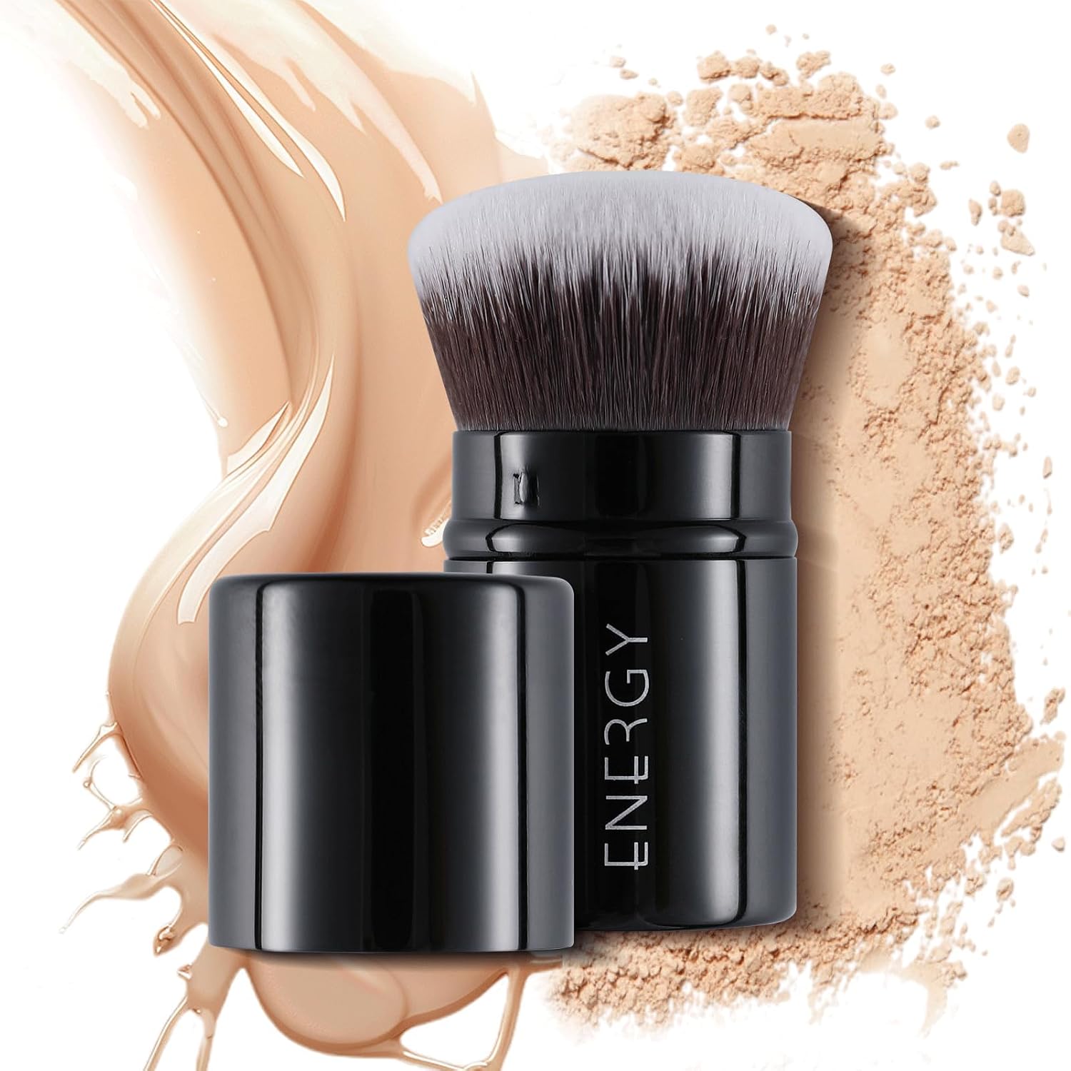 ENERGY Kabuki Brush Retractable - Makeup Kabuki Foundation Brush Travel for Liquid, Blush, Loose Powder & Cream Bronzer Blending, Buffing Cruelty-Free Face Makeup Brushes with Cover Mini (Black)
