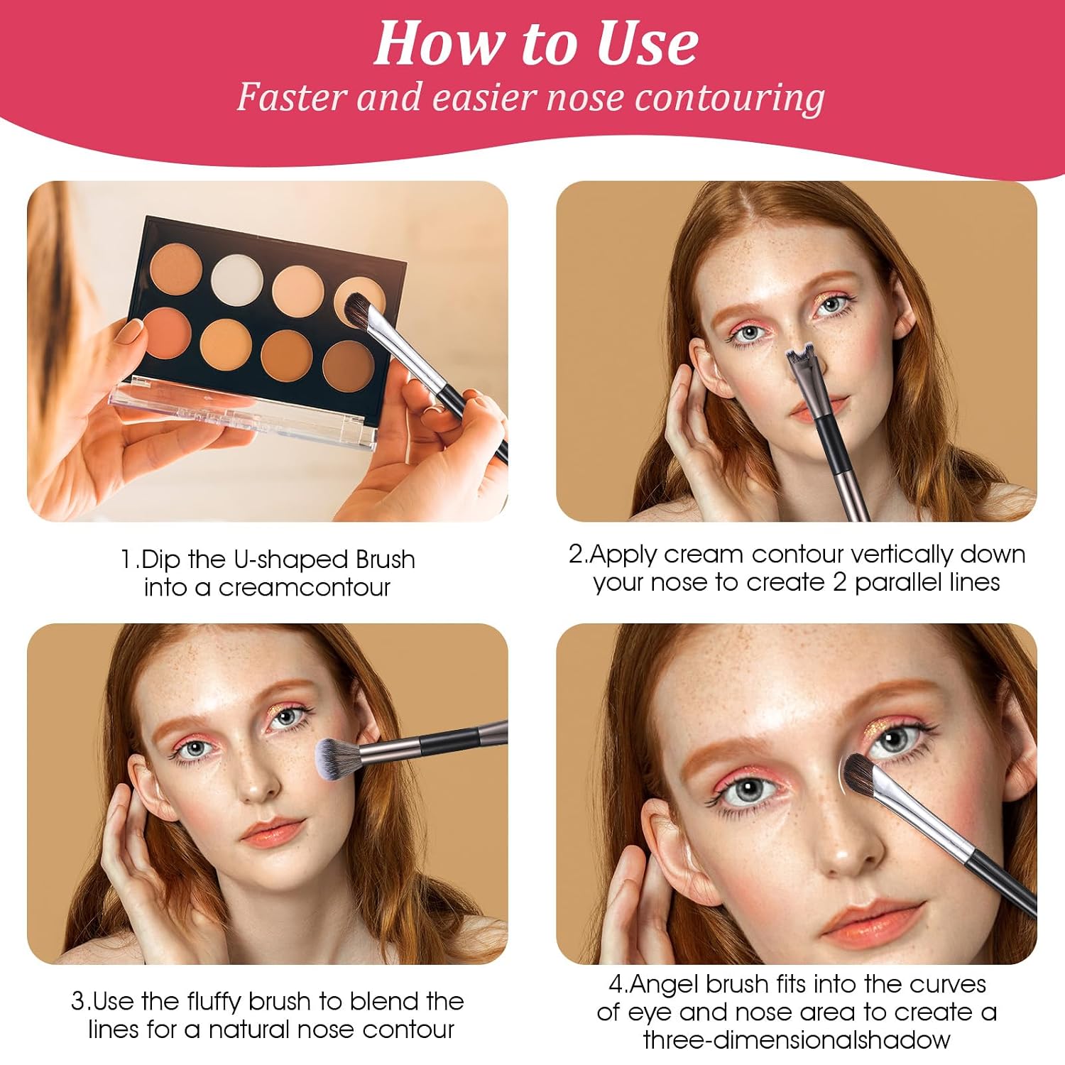 4pcs 2 in 1 Nose Contour Brushes U Shaped Fluffy Makeup Brush Flat Foundation Brush Angled Contouring Brushes Set for Defining Nose Shadow Face Sculpting Highlighting Women Makeup Beginners - Image 7