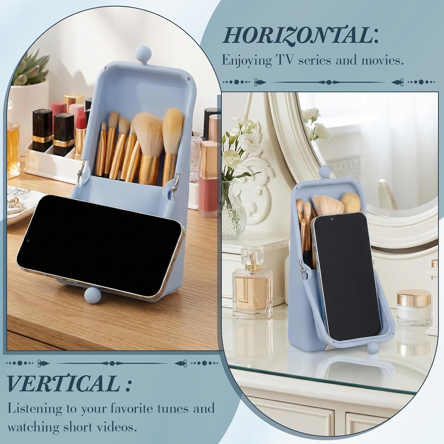 Kacctyen Makeup Brush Case Silicone Standing Makeup Brush Holder,Light Blue | Silicone Make up Travel Bag with Suction Portable Cosmetic Organizer Phone Stand Pouch for Travel Home Back to School Use - Image 6
