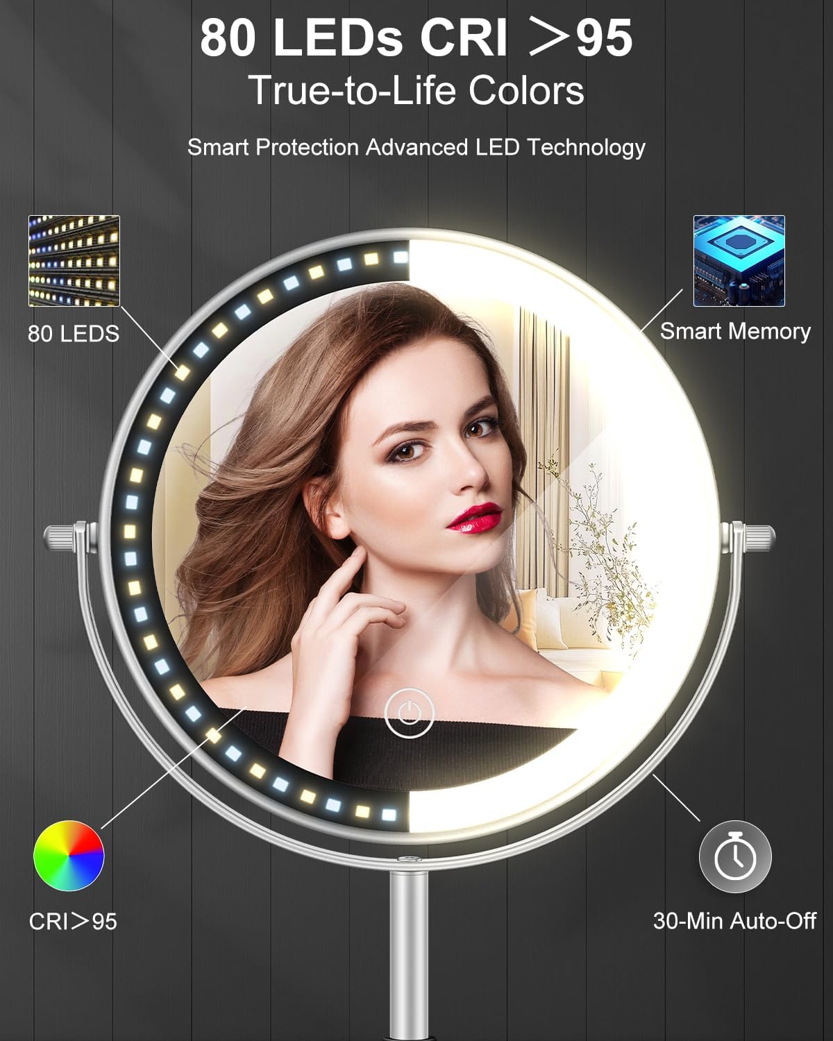 8" Lighted Makeup Mirror with Light,30X Magnifying Height Adjustable Mirror | 3000mAh Rechargeable Battery Vanity Mirrors with 3 LED Lighting Dimmable for Desk Dresser Office Women Gift - Image 6