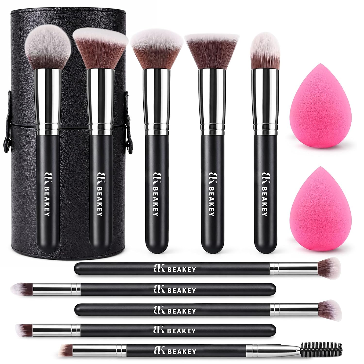 BEAKEY Makeup Brush Set,13 Pcs with Case,10 Brushes and 2 Sponges | Soft synthetic bristles,foundation brush for liquid makeup,eye shadow brushes set,blush brush cream,travel makeup brush set
