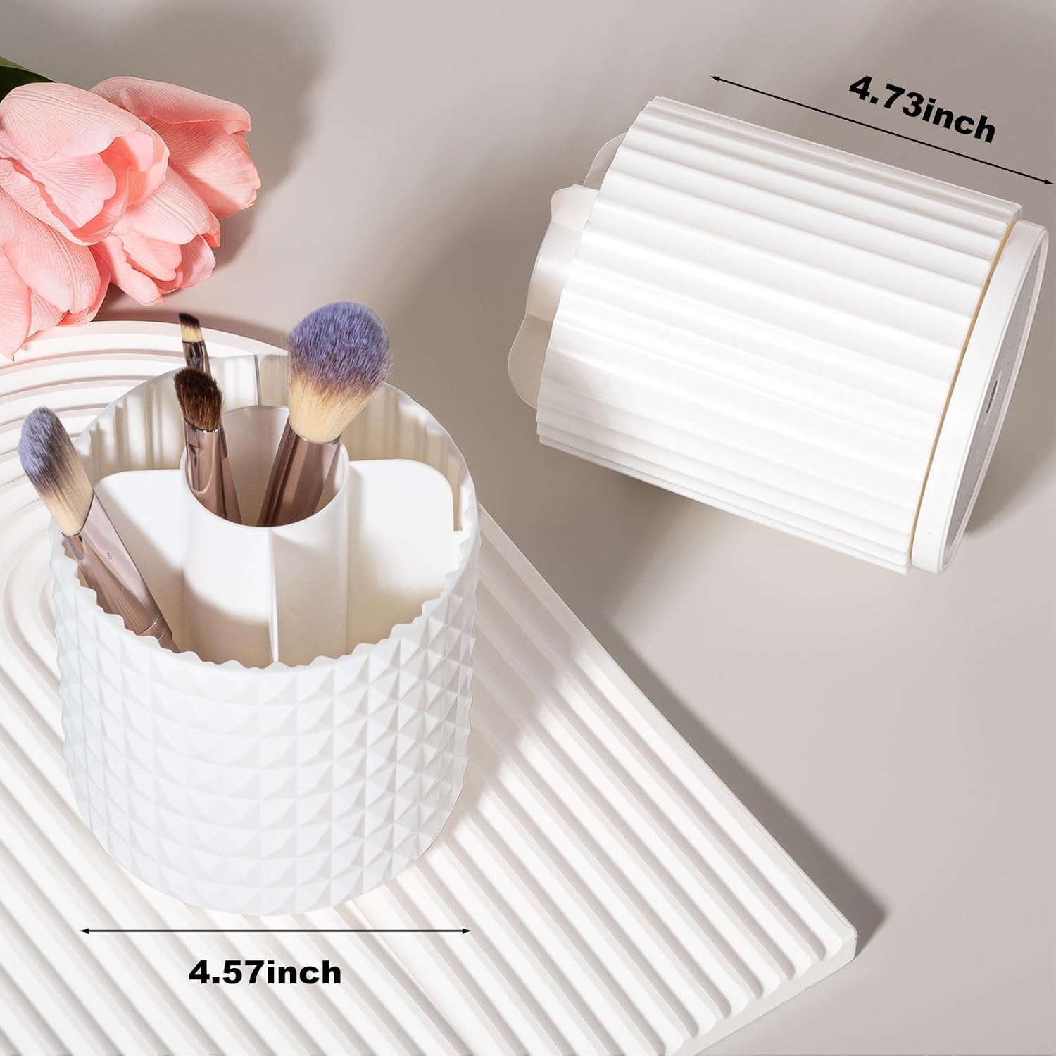 360 Rotating Makeup Brush Holder Make Up Brushes Organizer, Stripe White | Spinning Makeup Brush Cup Cosmetics Container Pen Holder Lipsticks Storage for Vanity, Dresser - Image 3