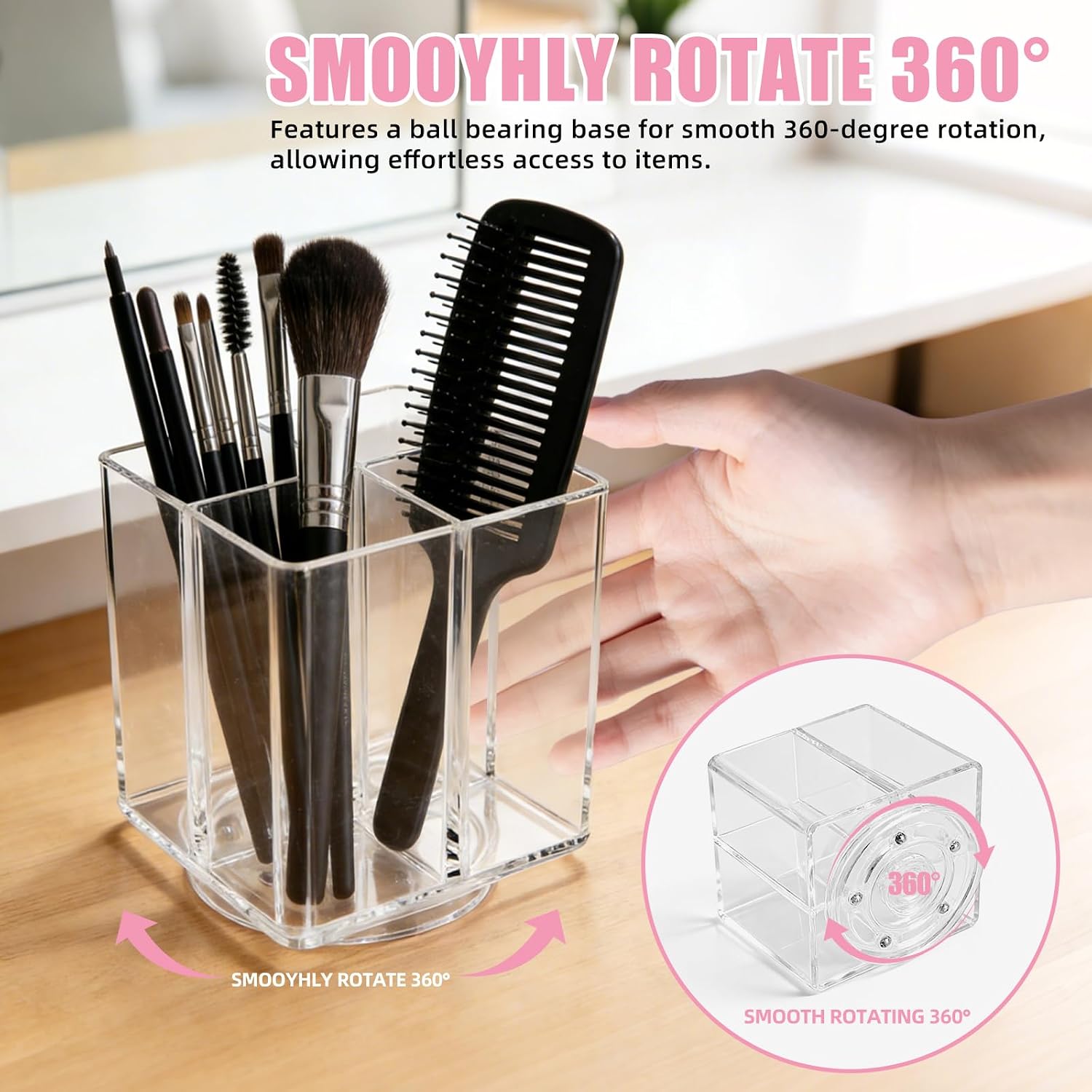 Acrylic Makeup Brush Holder, Clear Rotating Makeup Brush Holder Organizer with 4 Slots, Square Makeup Brush Cup for Vanity Desk Countertop Bathroom - Image 4