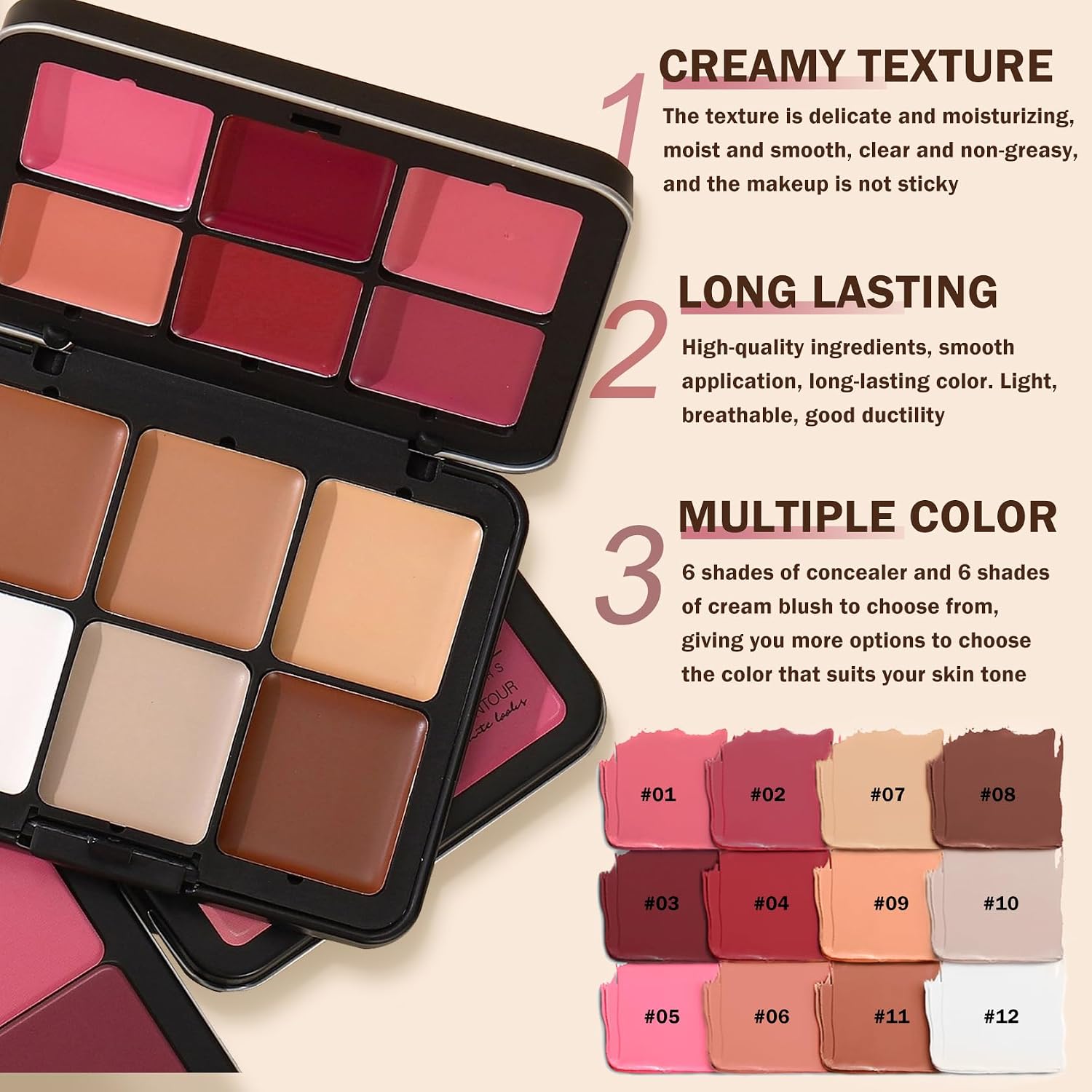12 Colors Cream Blush Palette Cream Concealer Foundation Palette | Natural Matte Finish Contour Palette with Brush, Creamy Texture, Waterproof, Blendable, Face Makeup Palette for Women - Image 4