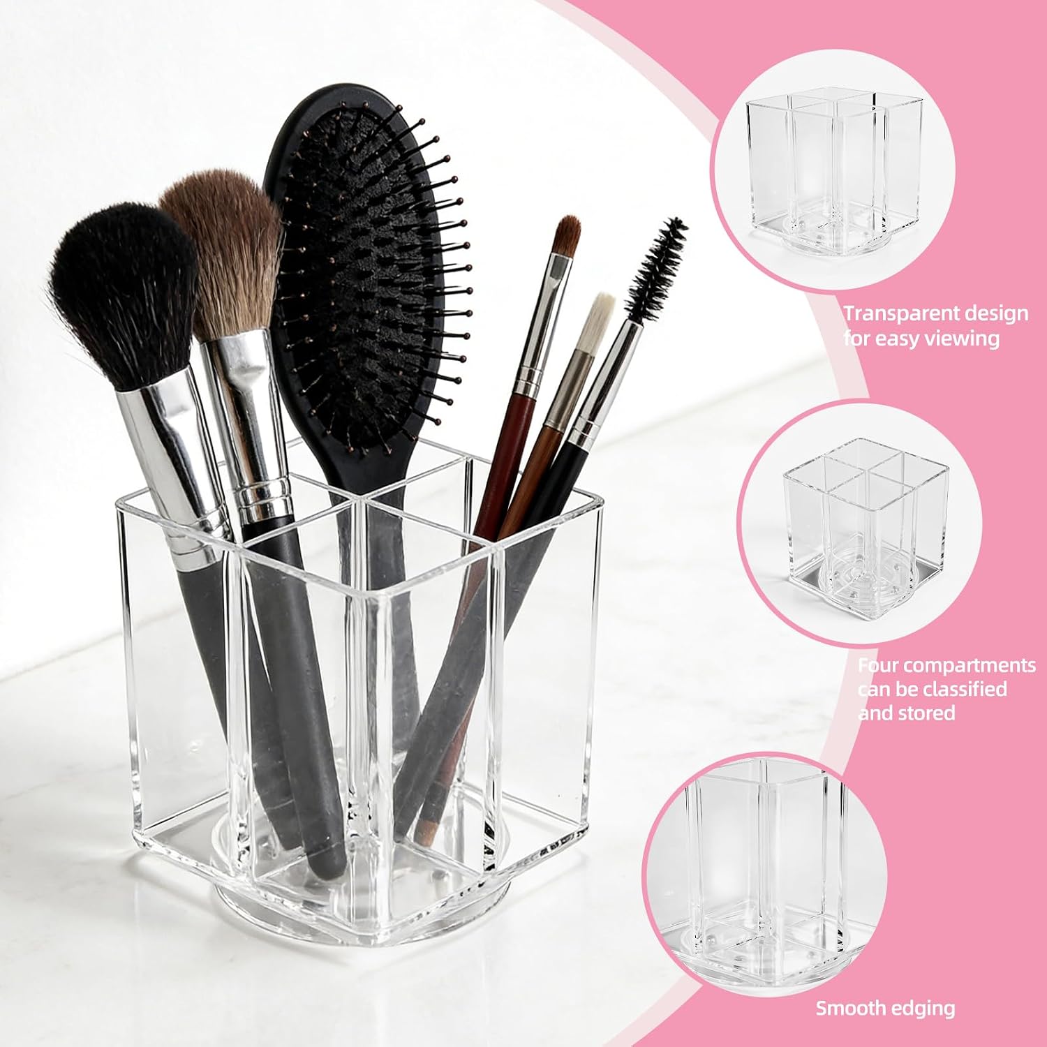 Acrylic Makeup Brush Holder, Clear Rotating Makeup Brush Holder Organizer with 4 Slots, Square Makeup Brush Cup for Vanity Desk Countertop Bathroom - Image 5