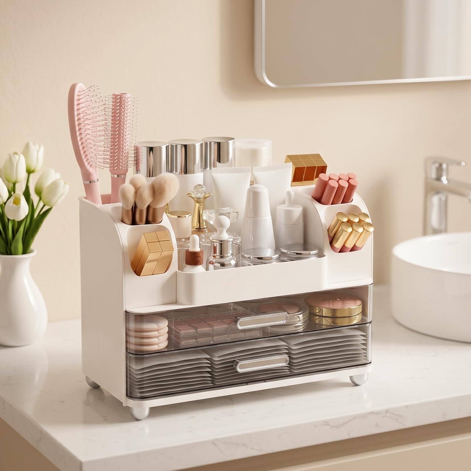 Makeup Organizer for Vanity with 2 Large Drawers and 6 Brush Holders, White | Large-Capacity Makeup Holder Keeps Skincare and Cosmetics Organized and Easy to Reach on Vanity or Bathroom Counters - Image 7