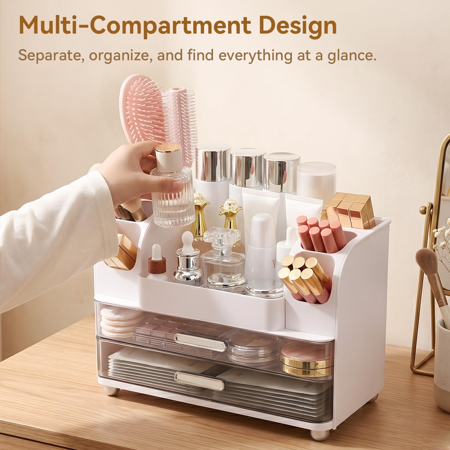 Makeup Organizer for Vanity with 2 Large Drawers and 6 Brush Holders, White | Large-Capacity Makeup Holder Keeps Skincare and Cosmetics Organized and Easy to Reach on Vanity or Bathroom Counters - Image 4