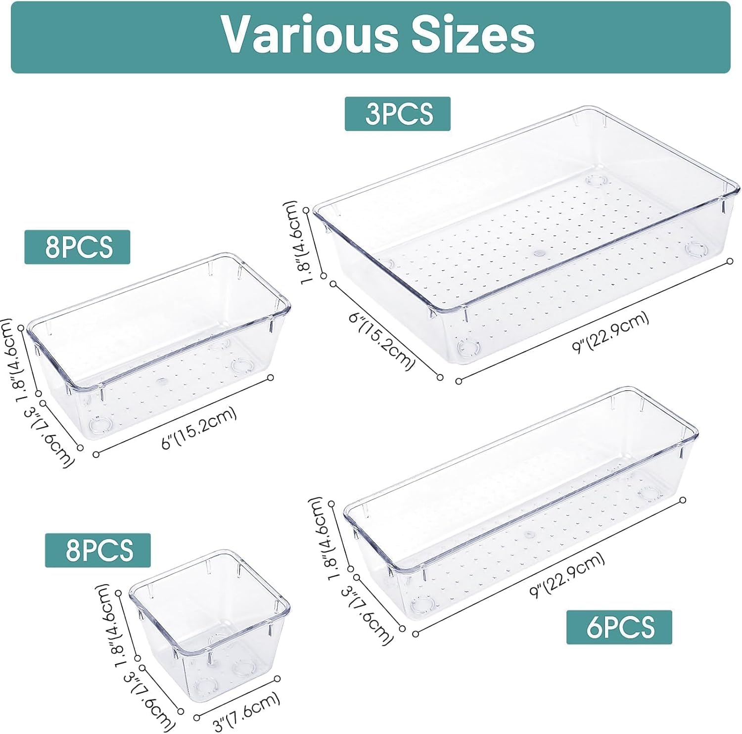 25 PCS Clear Plastic Drawer Organizer, Makeup Organizers and Storage Bins | 4 Sizes Desk Drawer Divider Organizers and Storage Bins for Makeup, Jewelry, Gadgets for Kitchen, Bedroom, Bathroom, Office - Image 2