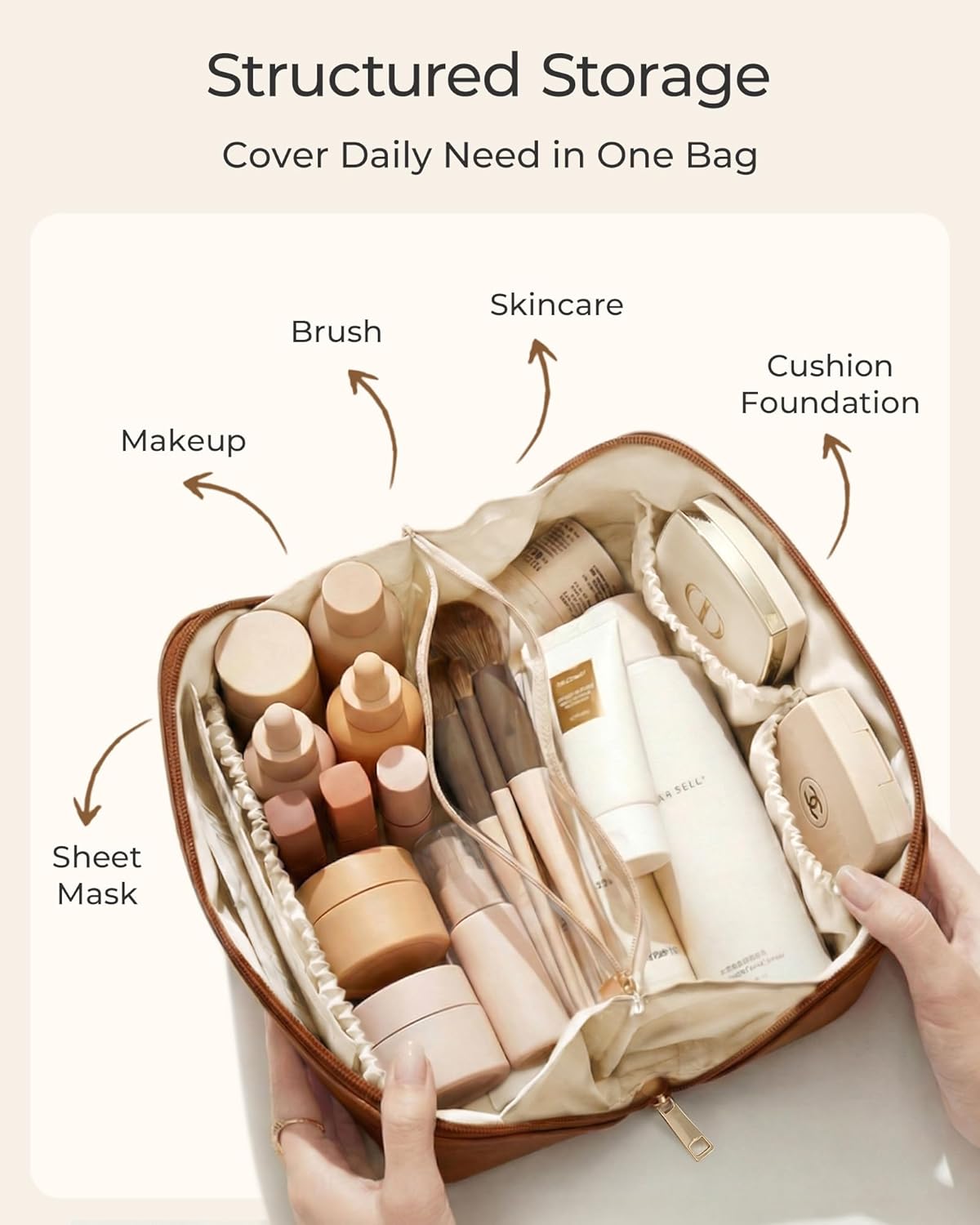 BAGSMART Makeup Bag Travel Cosmetic Bag,Women Toiletry Case, Classic Brown | Make Up Bag Flat Open Toiletry Bag for Women, PU Leather Travel Essentials Wide-open Skincare,Brushes Organizer Case Large - Image 2