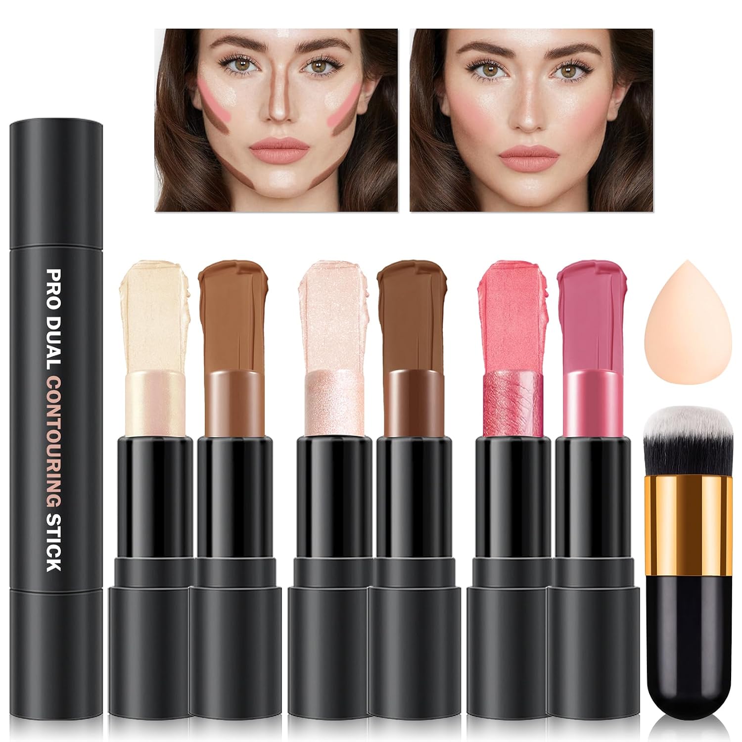CAHIUYOA 6 Colors Cream Contour Stick Makeup Kit,Makeup Contour Kit (Set A) | Double-ended Design,Highlighter,Bronzer and Blush Stick for Cheeks,Waterproof Face Highlighter,Lightweight,Easy to Sculpt
