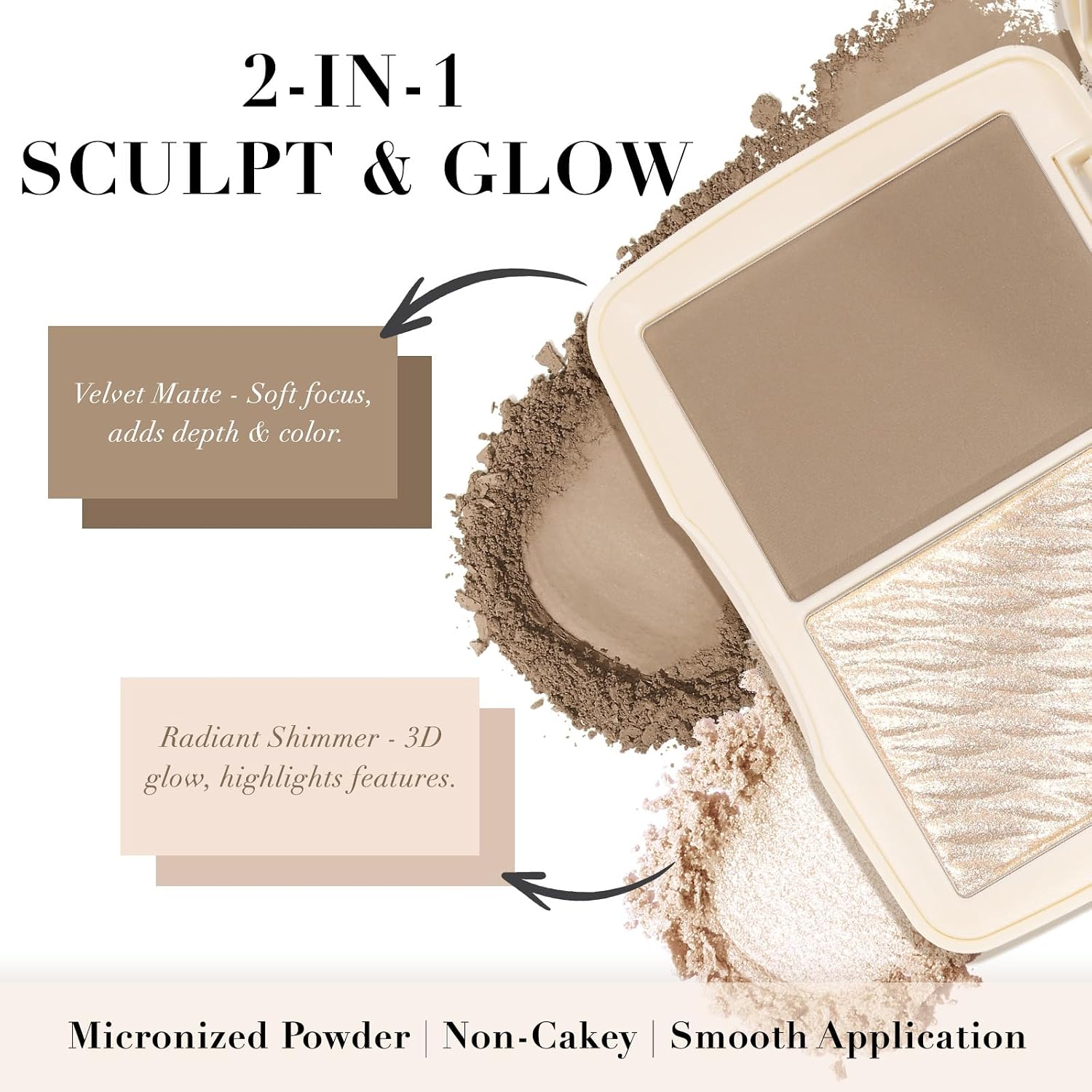 2-in-1 Contour & Highlighter Palette - Matte & Shimmer Face Makeup Duo, Highly Pigmented & Blendable Cheek Pallet, Long Lasting Sculpting Powder with Mirror 01 Soft Taupe (Natural Sculpt) - Image 3