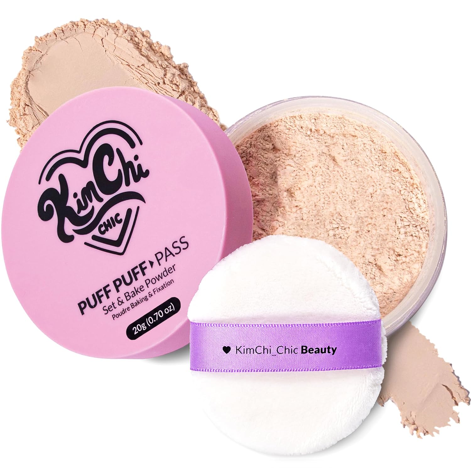 KimChiChic Beauty Puff Puff Pass Set & Bake Loose Setting Powder Makeup | Face Powder with Rice & Vitamin E, Matte Airbrush Finish, Oil Control with Fluffy Powder Puff, 03 Translucent, 0.70 oz (20 g)