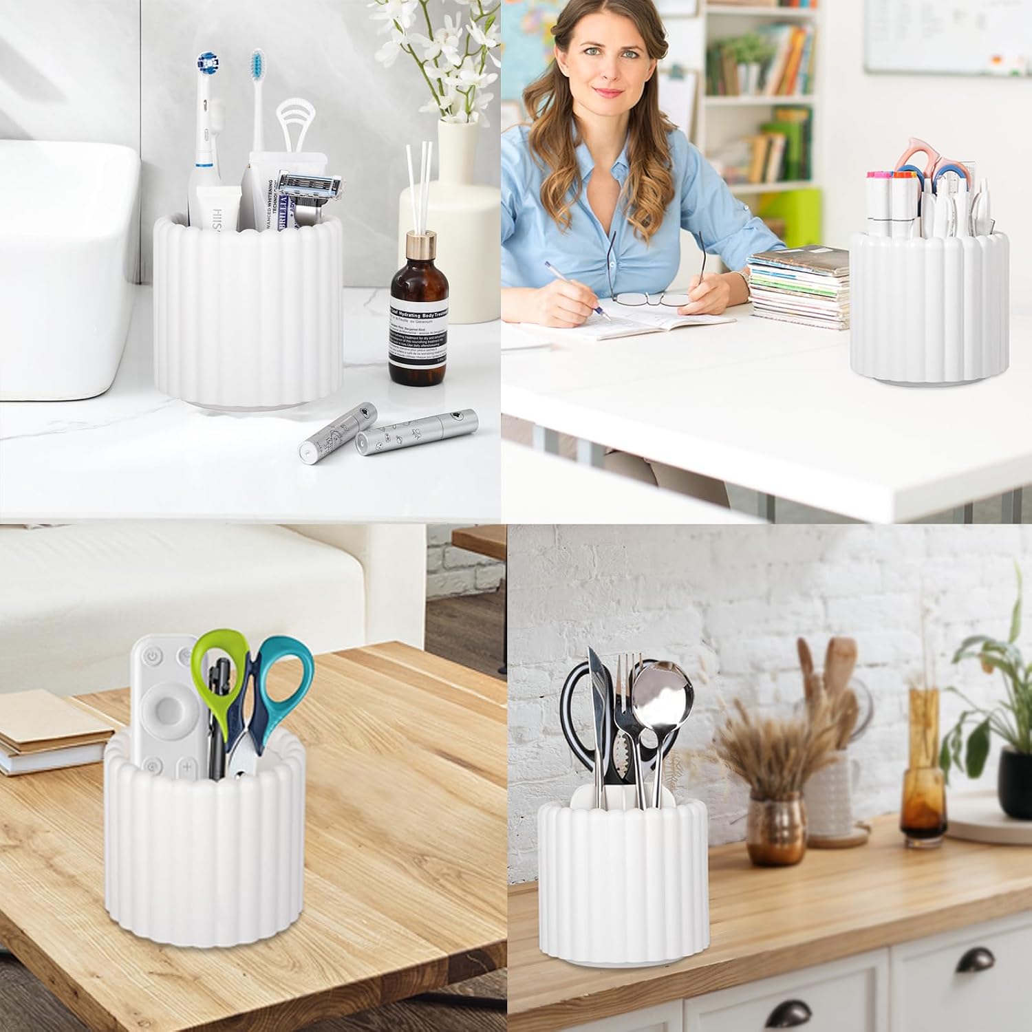 Rotating Makeup Brush Holder Organizer with Removable Dividers, White | 7 Slots Make Up Brush Organizer with Drawer 360 Spinning Cosmetic Storage Pen Holder for Desk, Vanity, Dresser - Image 8