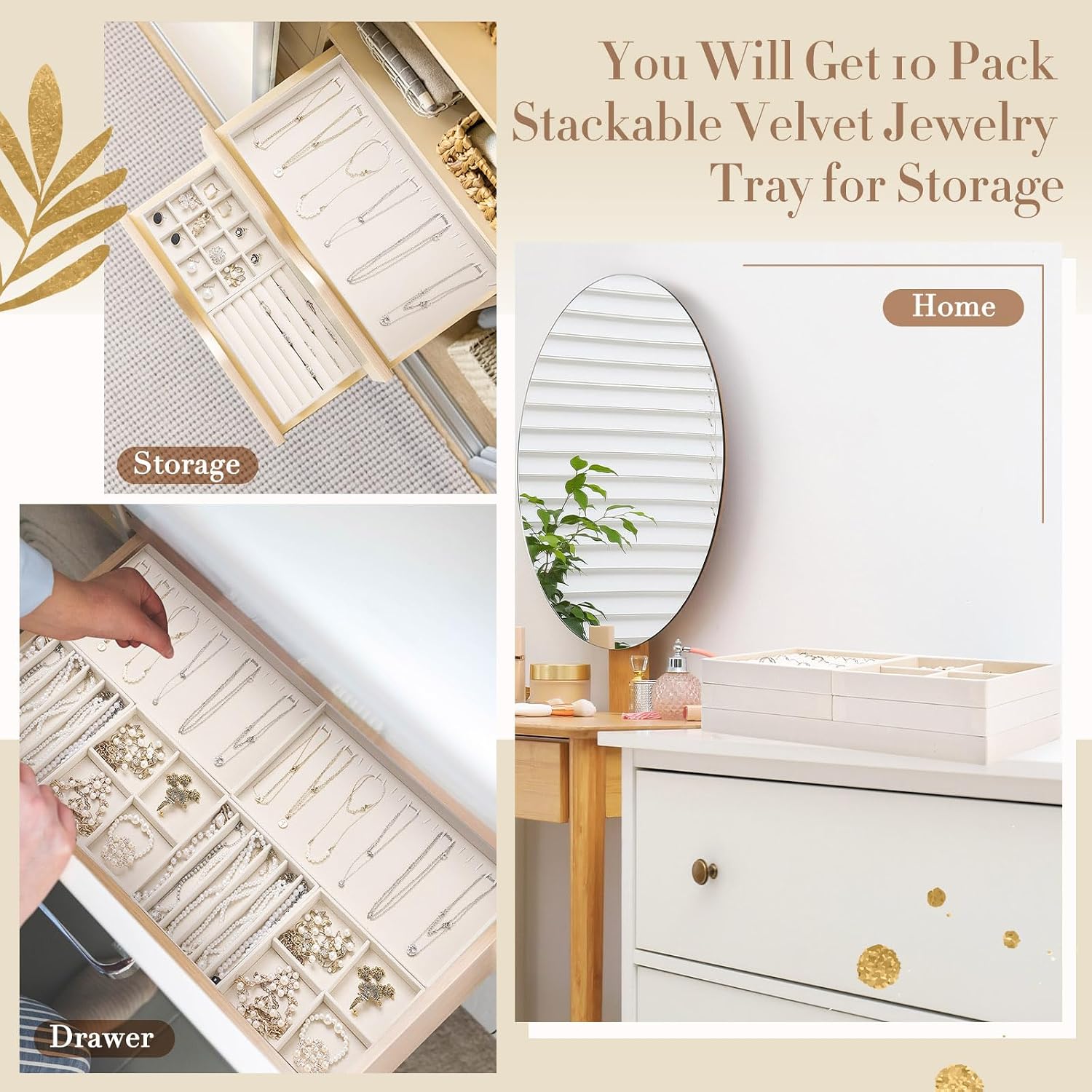 Cinnvoice Set of 10 Stackable Jewelry Organizer Trays for Drawer 14 Inch Velvet Jewelry Drawer Insert Display Storage with Removable Divider for Necklace Earring Ring Watch Bracelet (Beige) - Image 6