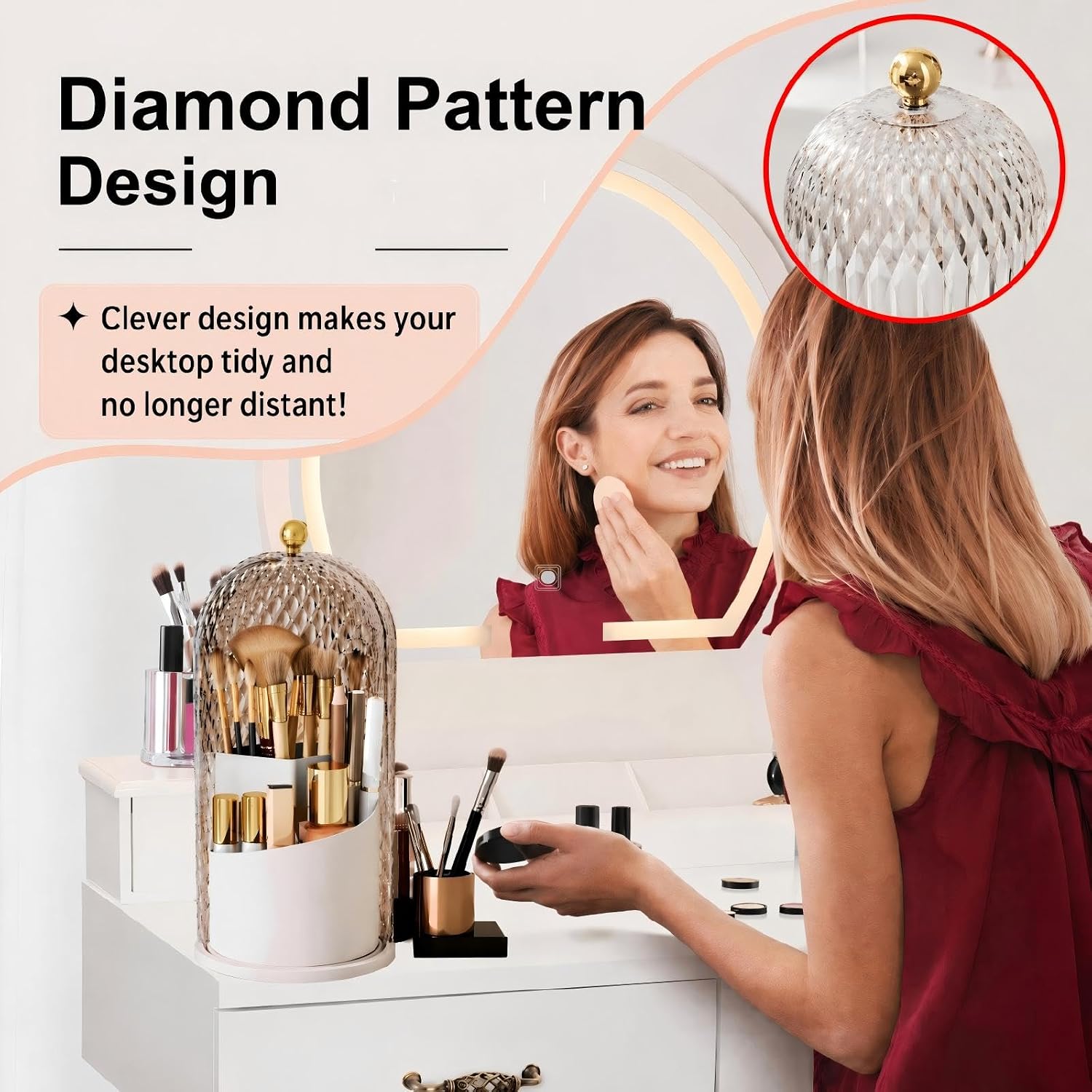 Makeup Brush Holder with Lid,360 Rotating Makeup Organizer | Makeup Brush Organizer with Diamond Pattern,Waterproof,Dustproof,Easy-Clean for Desk,Bathroom Countertop,Vanity,Travel,White - Image 3