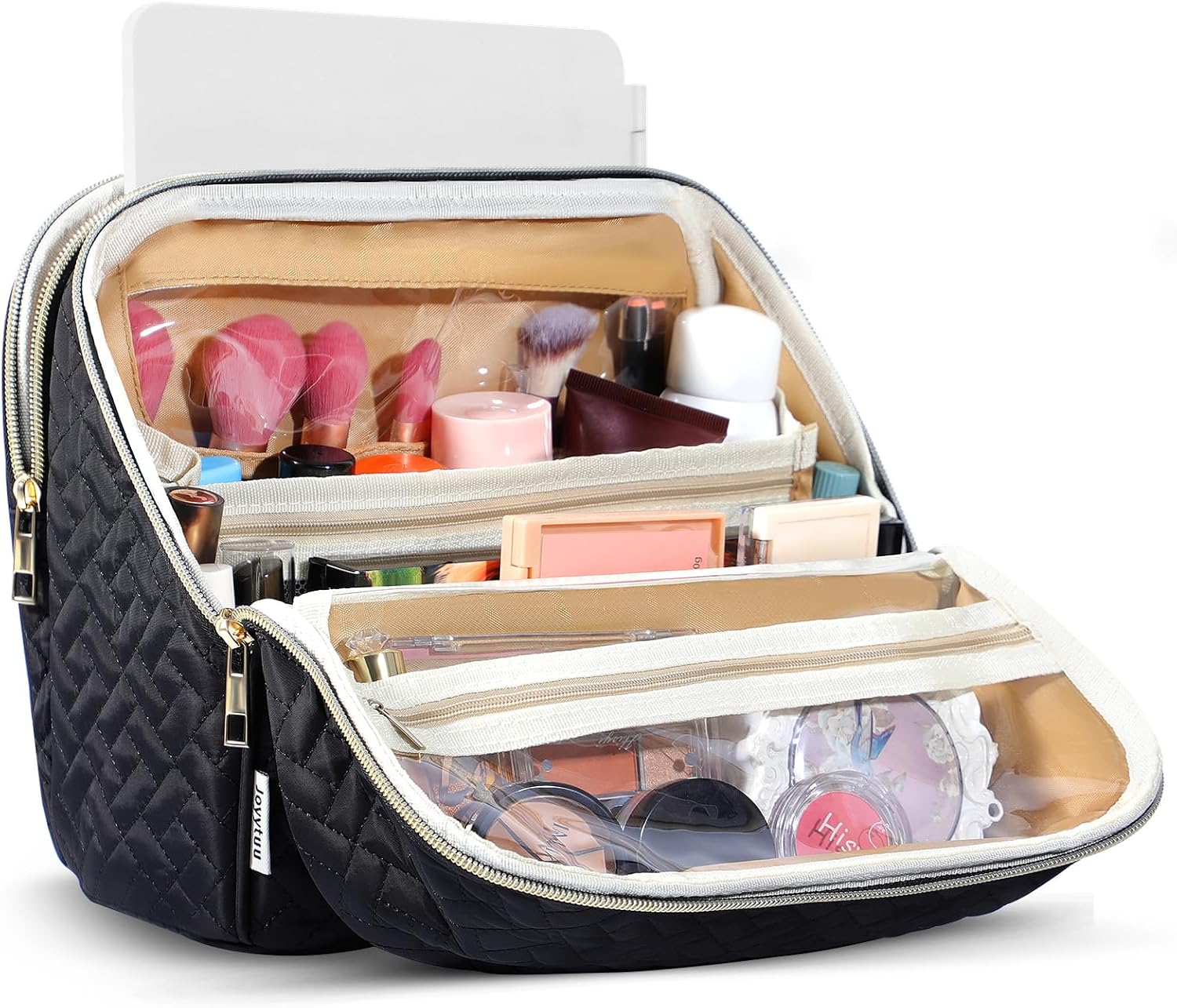 Makeup Bag, Large Capacity with Room for Brushes and Mirror, Travel Makeup Organizer, Portable Standing Make Up Case, Waterproof Cosmetic Toiletry Bags with Handle, Color Black - Image 2