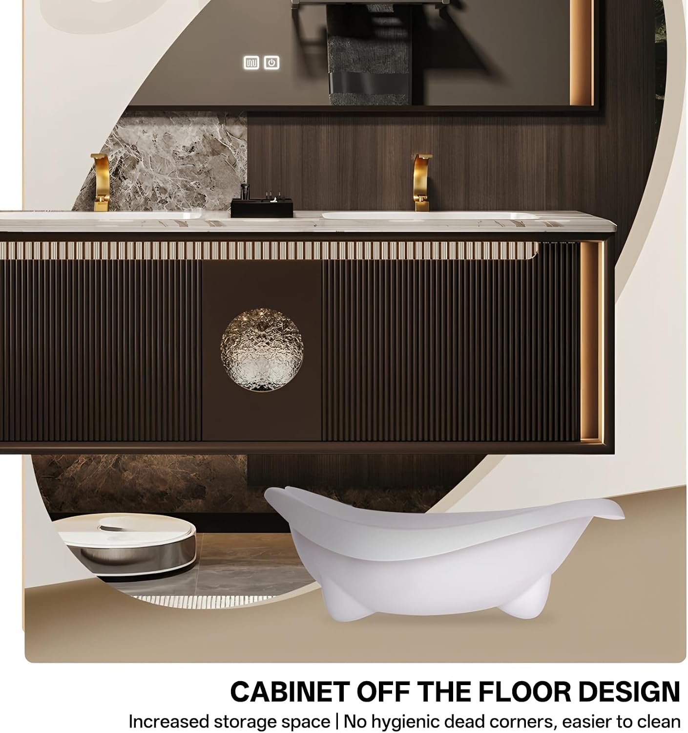Bathroom Vanity with Dual Sinks, Floating Vanities Set Includes Smart Defog Mirror Cabinet, Luxurious Stone Countertop and Striped Sink Cabinet, Modern Vanity with Sensor Light for Bath (Black,56") - Image 8