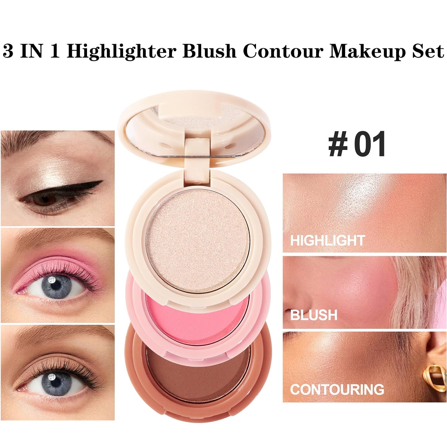 3-in-1 Blendable Trio, Contour and Highlight Blush Makeup Palette, Cream Bronzer, Silky Smooth Powder Blush, Shimmer Highlighter Makeup Powder, Travel-Friendly Stackable Make Up Kit with Mirror(01) - Image 2