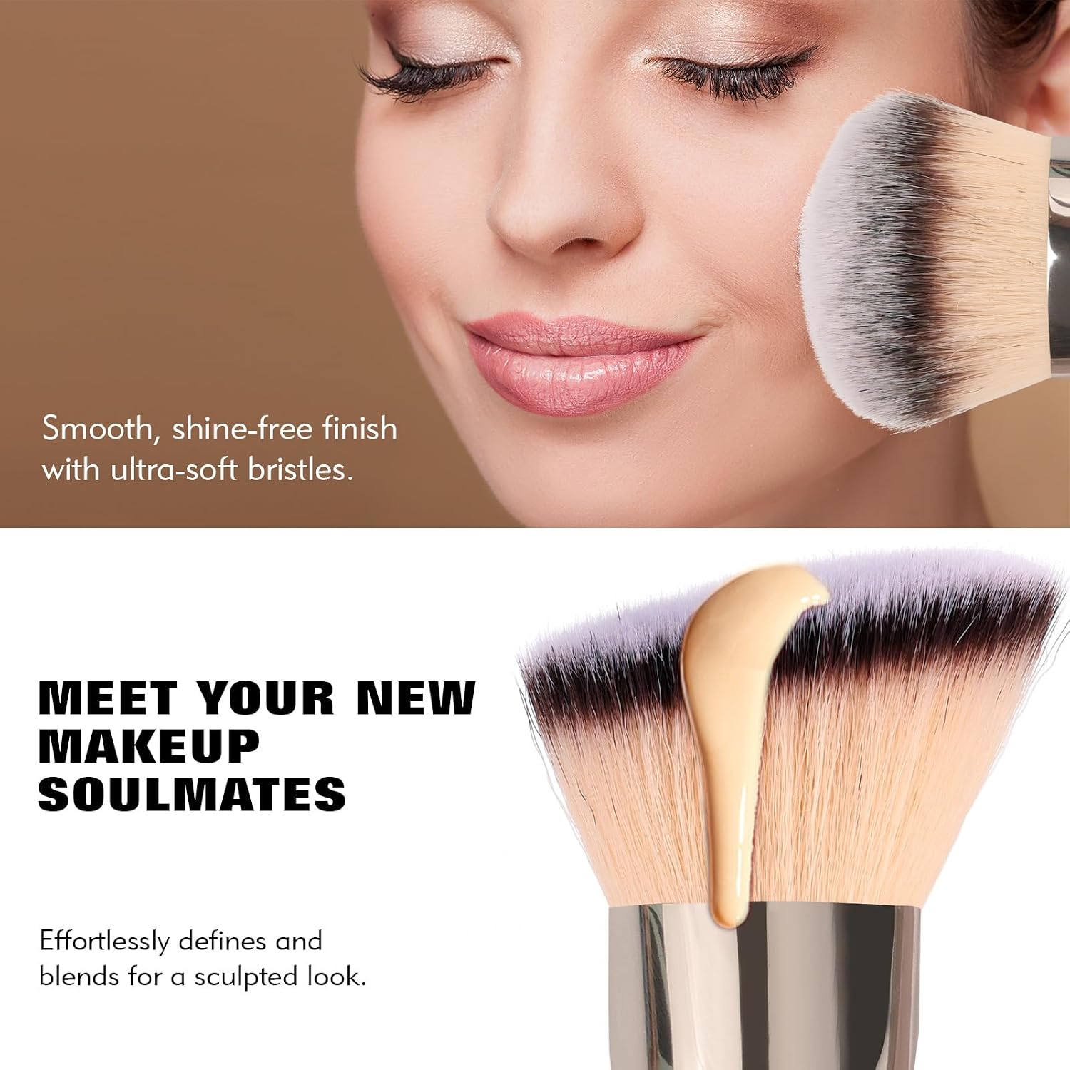 Dual-Ended Foundation Brush: Round & Angled makeup brushes, 100% Vegan Synthetic Makeup Brush for Flawless Blending and Application of Liquid, Powder, Cream, Blush - Image 4