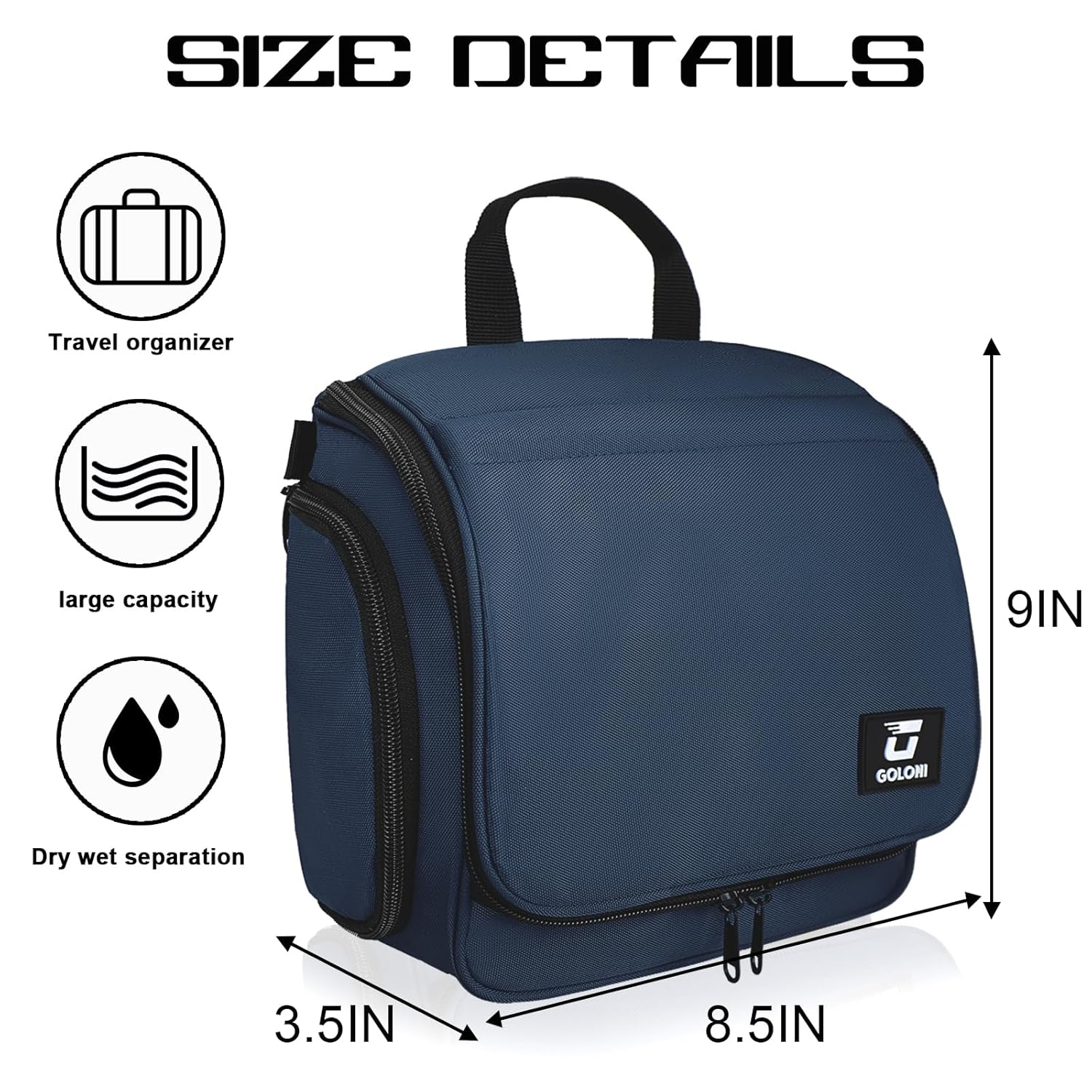Hanging Toiletry Bag, 10 Compartments Water-Resistant Makeup Bag with 360° Spinning Metal Hook, Large Travel Cosmetic Organizer for Men & Women, Blue (7.05oz) - Image 2