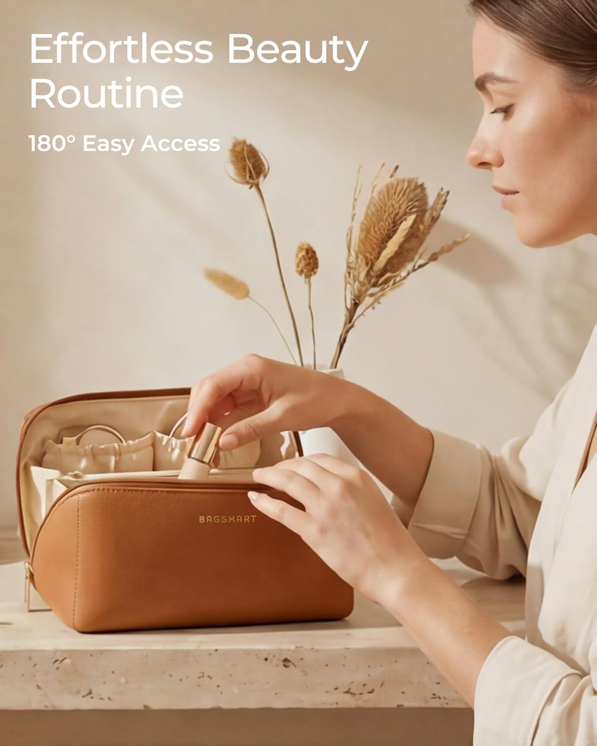 BAGSMART Makeup Bag Travel Cosmetic Bag,Women Toiletry Case, Classic Brown | Make Up Bag Flat Open Toiletry Bag for Women, PU Leather Travel Essentials Wide-open Skincare,Brushes Organizer Case Large - Image 4