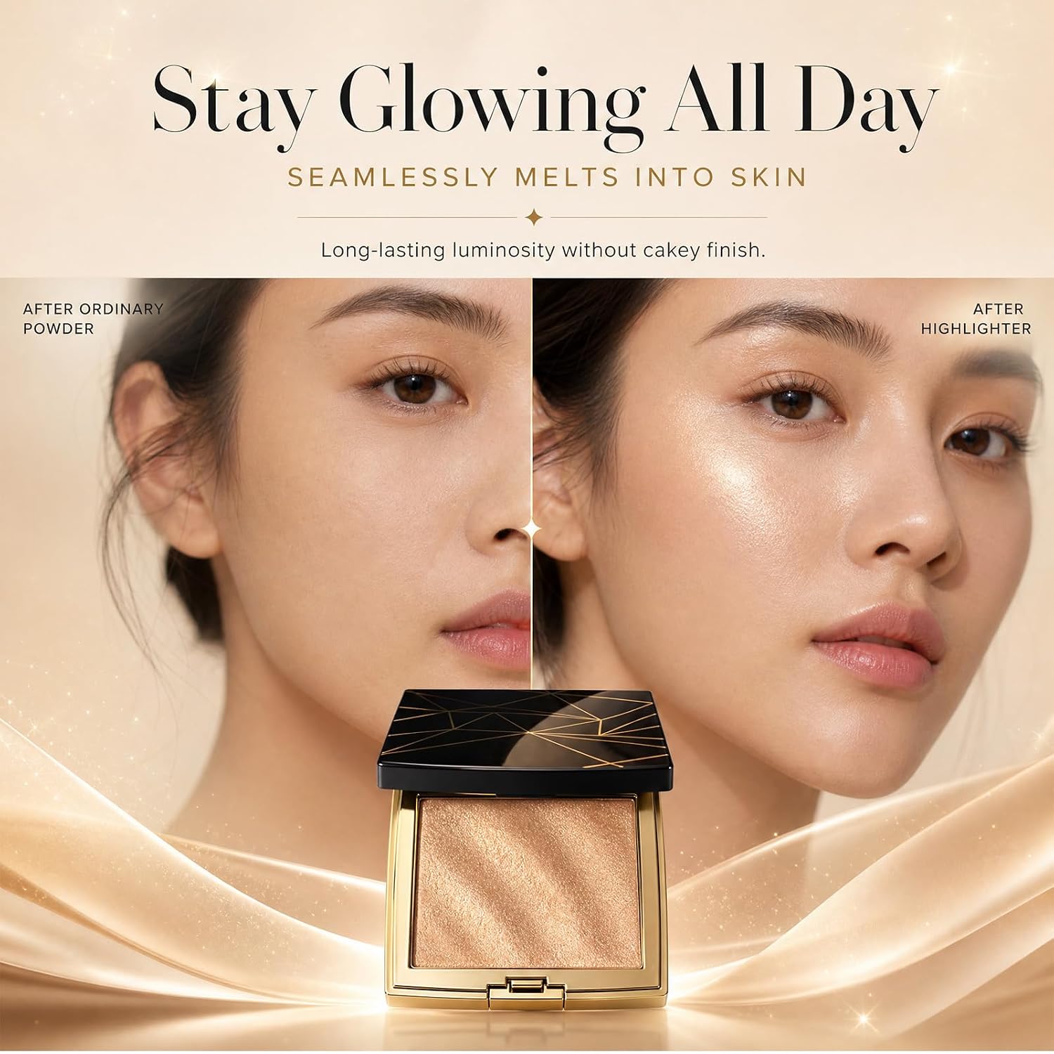 Glow Highlighter Palette, Champagne Glossy Face Illuminator Makeup, Natural Radiant Finish, Shimmer Smooth Baked Powder, Long Lasting Luminous Face Glow - Image 7