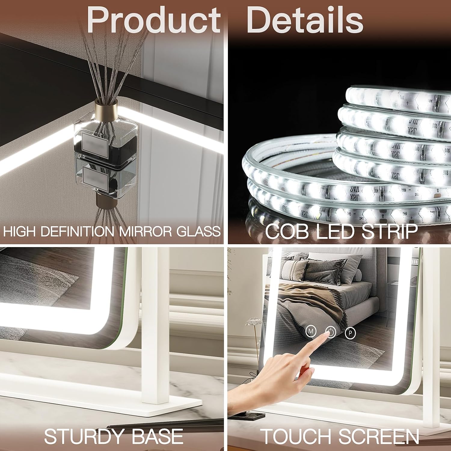 FENNIO Vanity Mirror with Lights - 15"x12.6" LED Lighted Makeup Mirror, Large Makeup Mirror with Lights, Touch Screen with 3-Color Lighting, Dimmable, for Vanity Desk Tabletop, Bedroom - Image 8