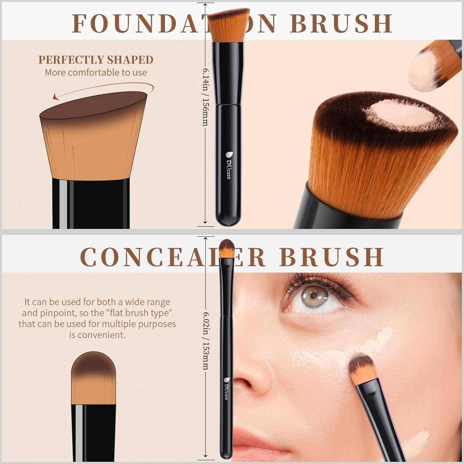 DUcare Foundation Brush and Concealer Brush 2Pcs Contour Bronzer Kabuki Brush for Face Synthetic Liquid Blending Mineral Powder Makeup Tools - Image 2