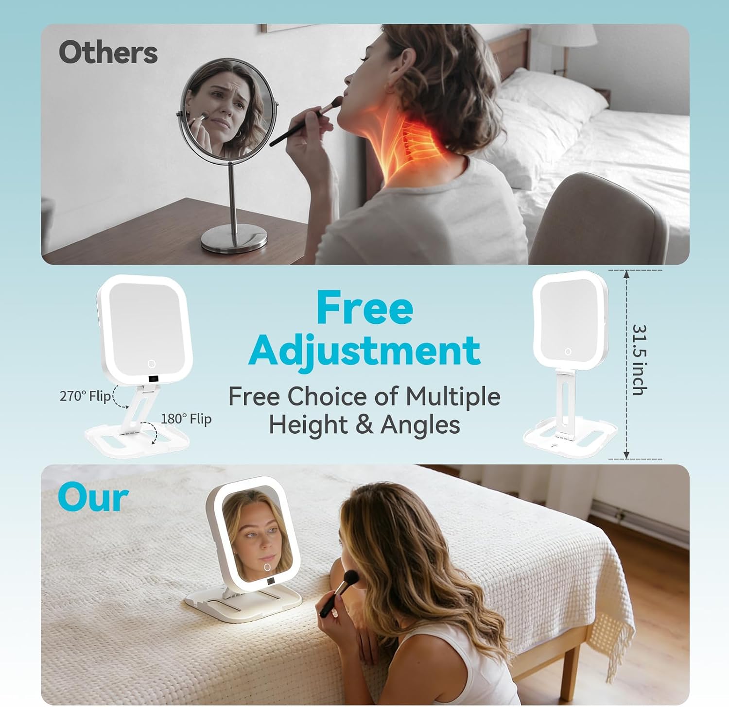 Travel Makeup Mirror with Lights 10X/1X, Rechargeable Magnifying Mirror with Smart Battery Display,3 Color Modes,Dimmable Touch Screen, Portable Mirror for Desk & Travel Hanging - Image 6