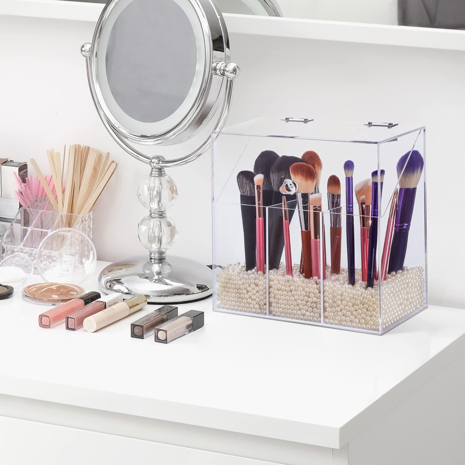 Acrylic Makeup Brush Holder with Lid - Clear Cosmetic Makeup Brush Organizer and Storage Box with Cover for Vanity - Large Capacity 3-Slots Container for Brushes (Clear) - Image 6