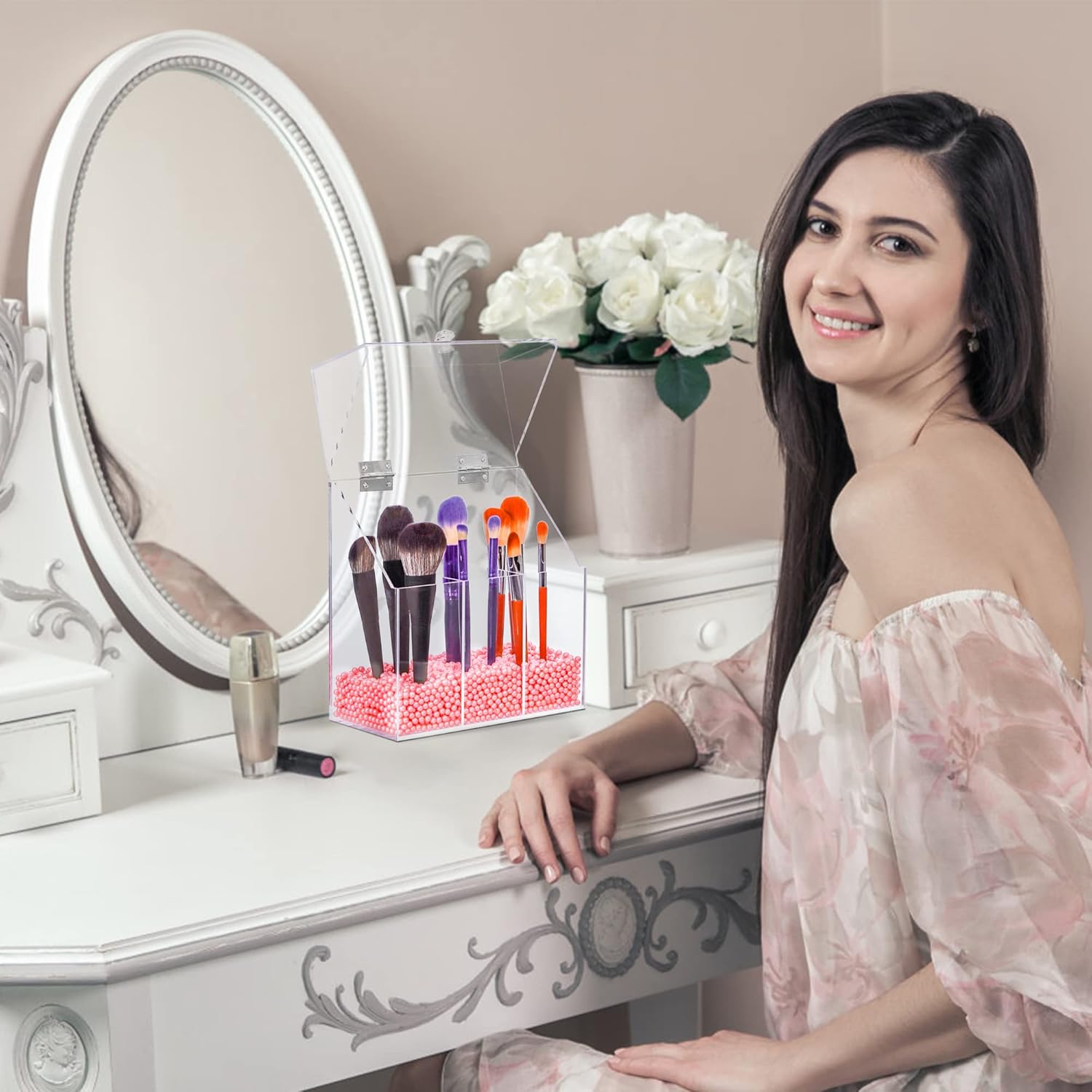 Acrylic Makeup Brush Holder with Lid - Clear Cosmetic Makeup Brush Organizer and Storage Box with Cover for Vanity - Large Capacity 3-Slots Container for Brushes (Clear) - Image 7
