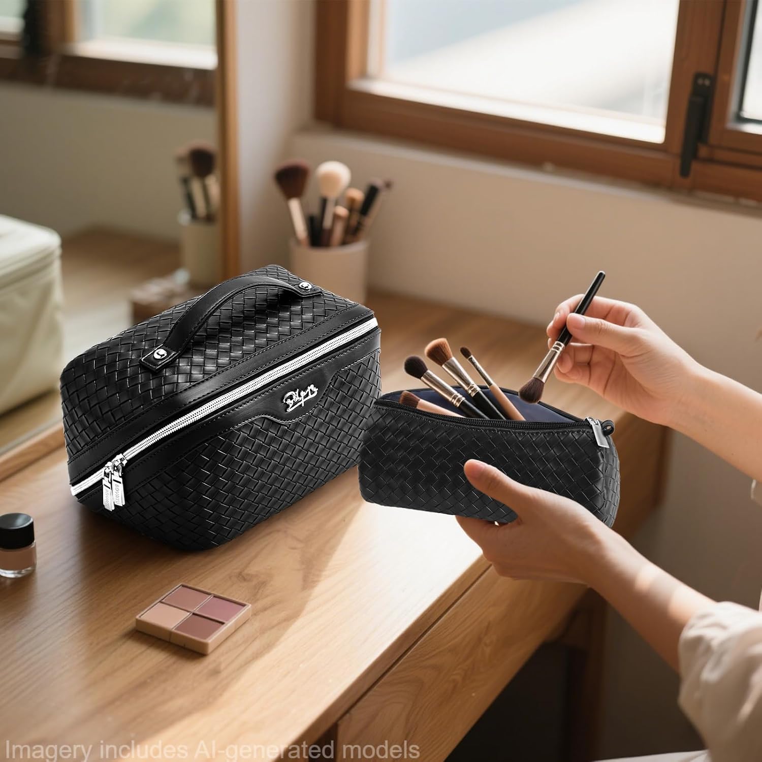 BOYATU Travel Makeup Bag Cosmetic Bags for Women: 3 Pcs Set Make up Bag | Large Capacity Waterproof Vegan Leather Organizer Bags with Compartments - Lay flat Toiletry with Handle (L05 Black) - Image 5