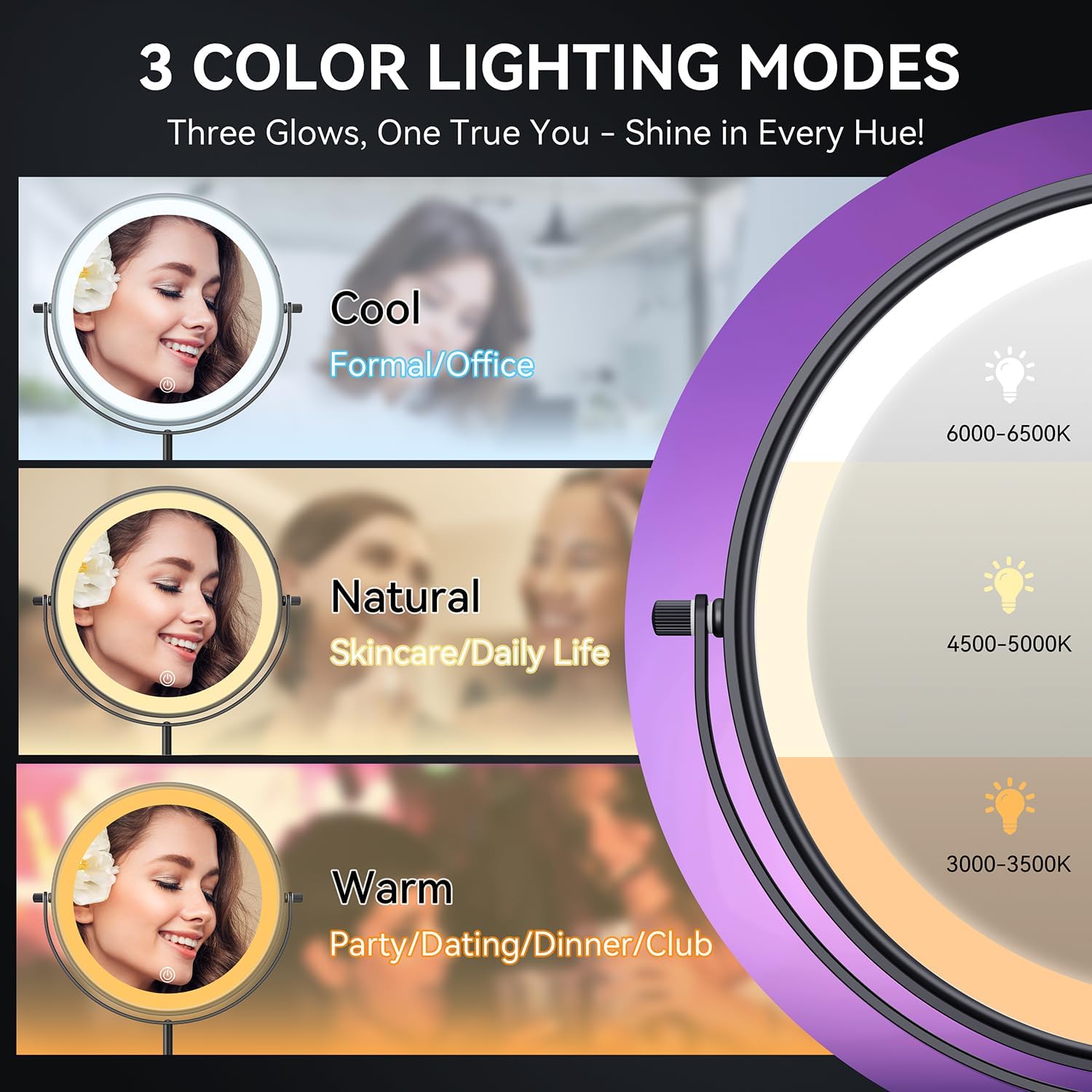 Auxmir 9" 1X/30X Lighted Makeup Mirror, Rechargeable Maginfying Mirror | 3 dimmable colors, 14.9-18.5 in adjustable height, 3000mAh, 360°rotation, stable storage base, 30X magnification, Black - Image 3