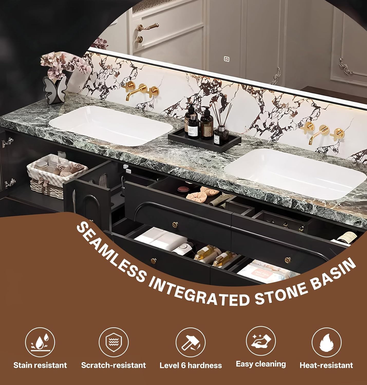 Luxury Bathroom Vanities, Modern Bath Vanity with Double Sink, LED Smart Anti-Fog Mirror and Luxurious Stone Top, Floating Bathroom Sink Cabinet with Drawers and Glass Cabinet Door (Brown,68") - Image 5