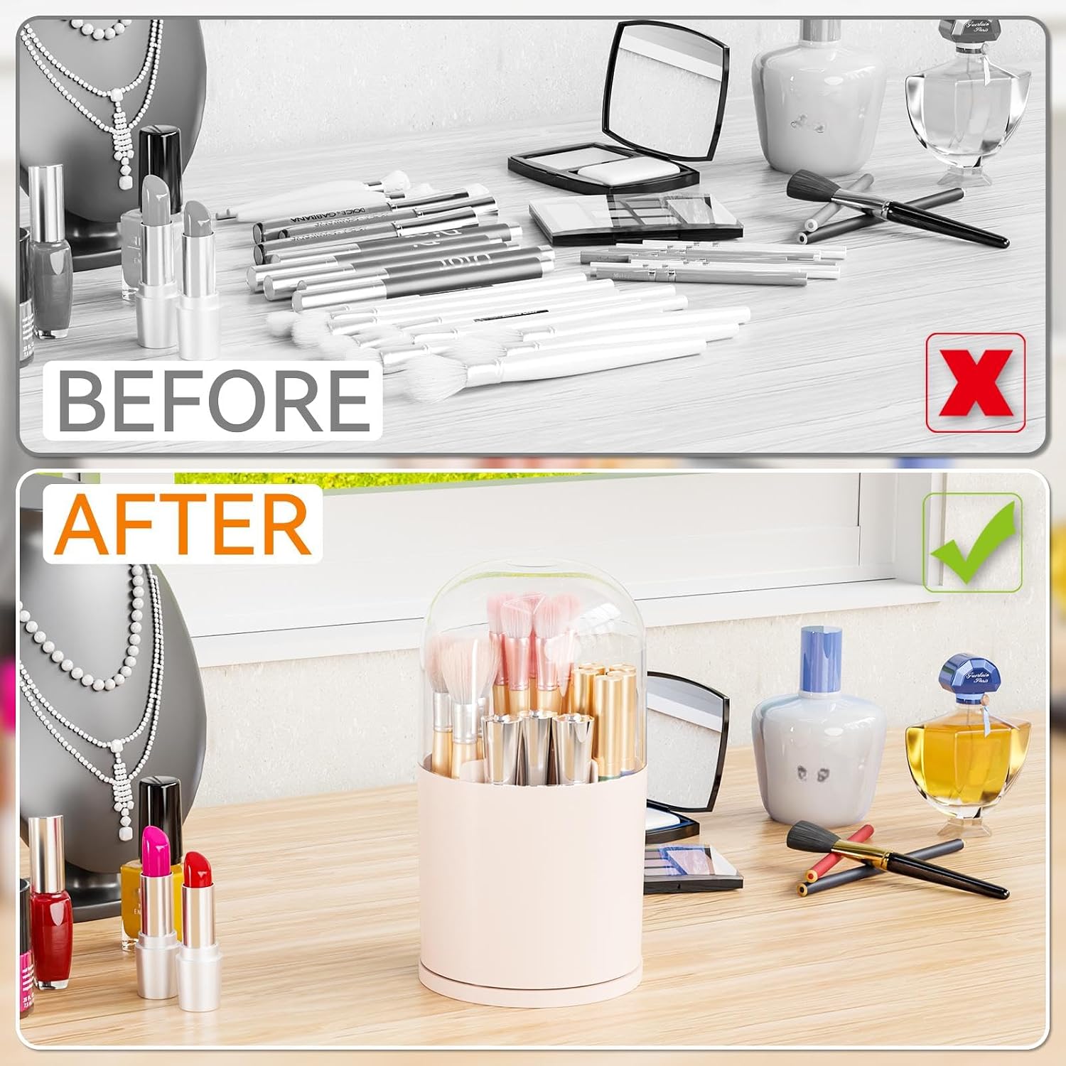 Rotating Acrylic Makeup Brush Holder with Lid for Vanity,Bathroom,Countertop,Covered Makeup Brushes Organizer,Round Spinning Cosmetic Brushes Holder and Make up Brush Storage with Cover,Pink - Image 4