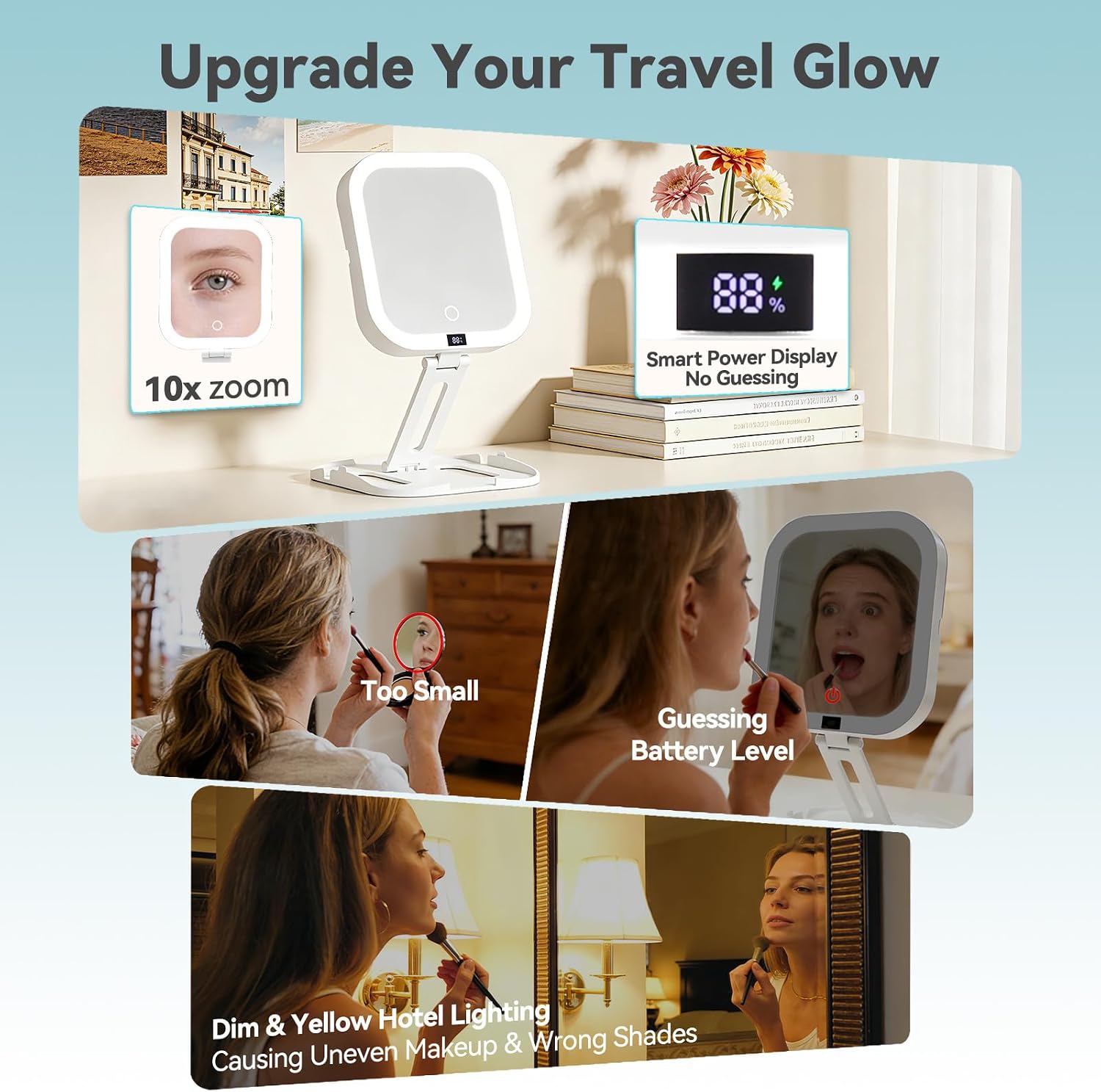 Travel Makeup Mirror with Lights 10X/1X, Rechargeable Magnifying Mirror with Smart Battery Display,3 Color Modes,Dimmable Touch Screen, Portable Mirror for Desk & Travel Hanging - Image 5