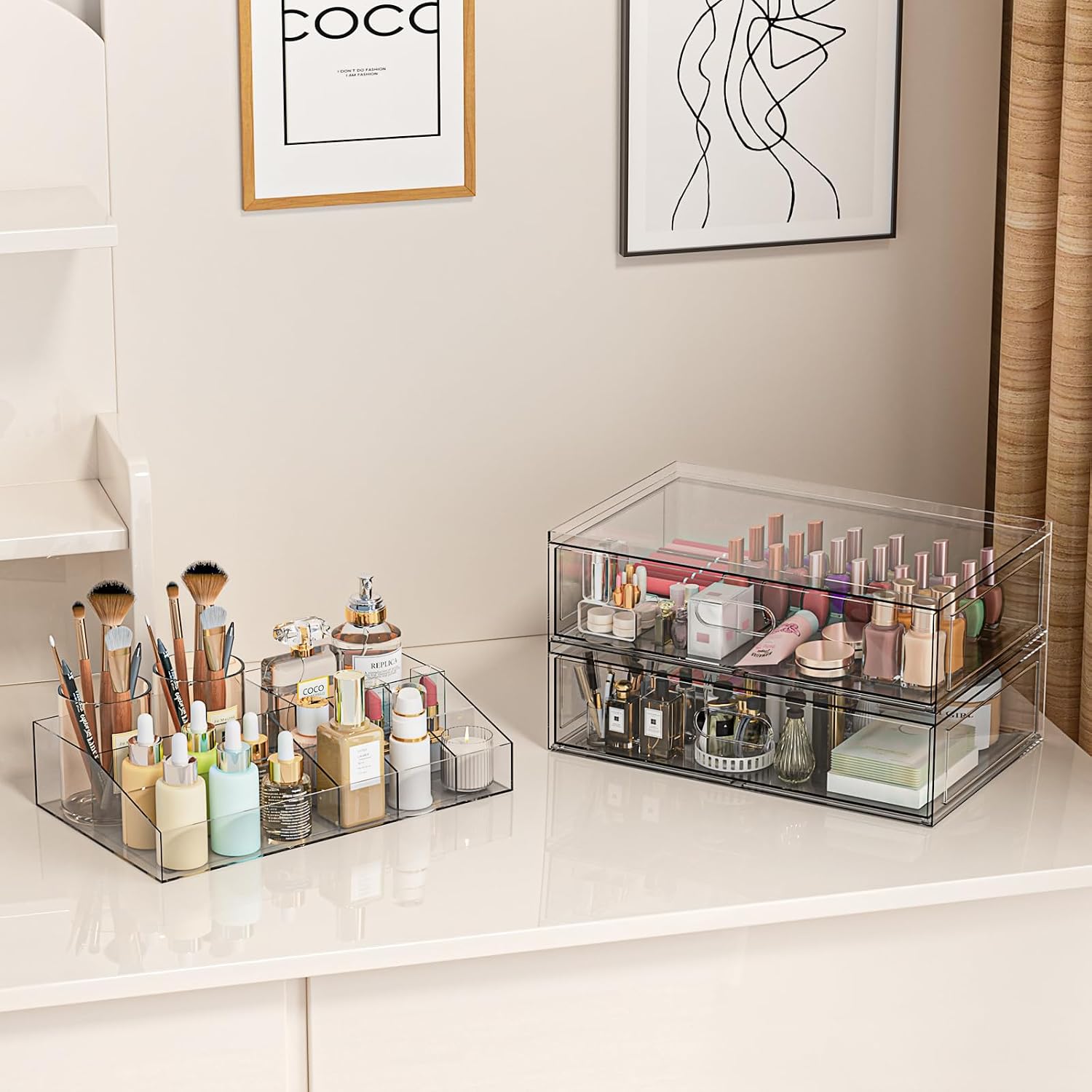 Clear Stackable Makeup Organizer with Drawer, 12''W Acrylic Storage Drawers | Cosmetic Display Case for Vanity Bathroom Countertop Drawers, Beauty Holder for Lipstick Brush Skincare Perfume - Image 5