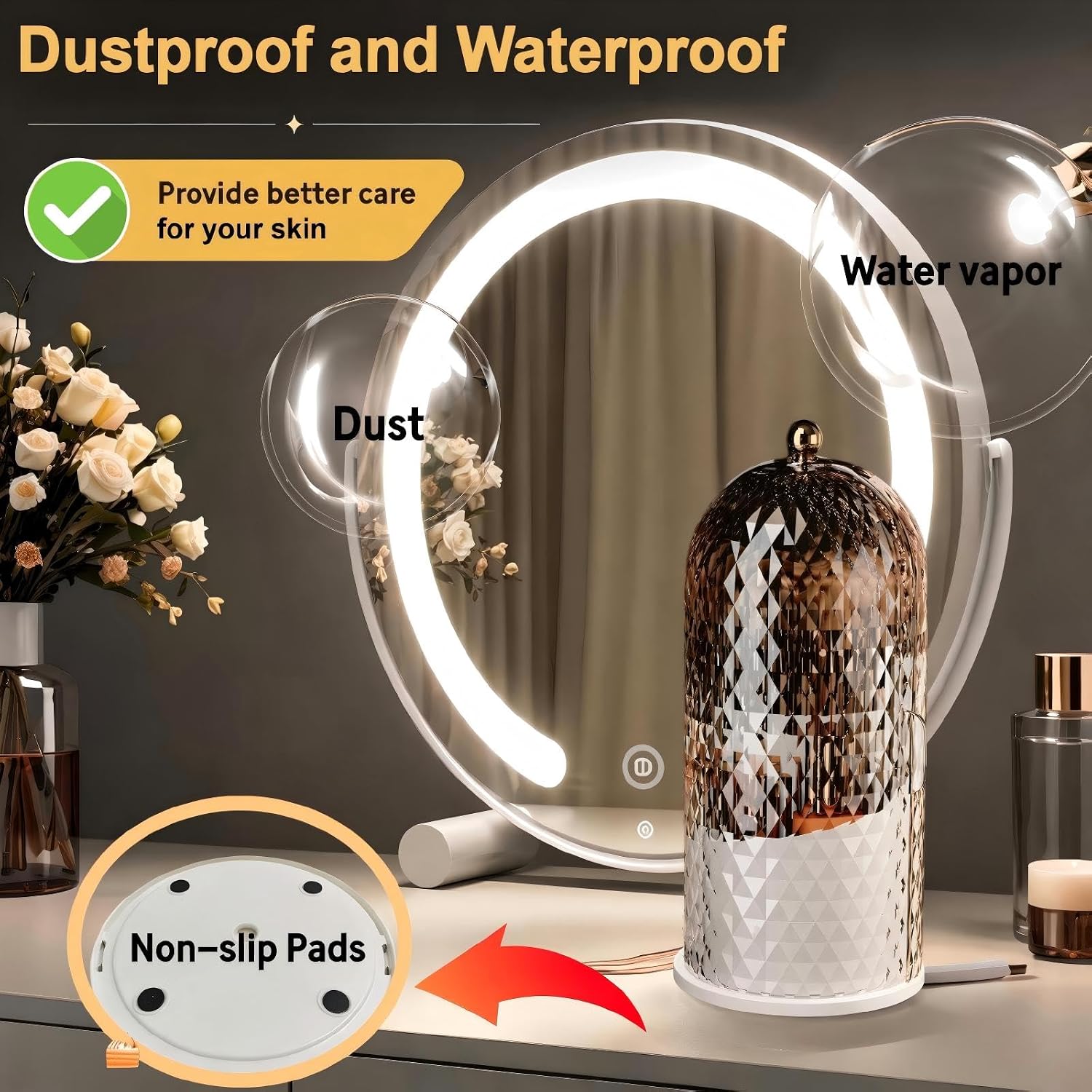 Makeup Brush Holder with Lid,360 Rotating Makeup Organizer | Makeup Brush Organizer with Diamond Pattern,Waterproof,Dustproof,Easy-Clean for Desk,Bathroom Countertop,Vanity,Travel,White - Image 5