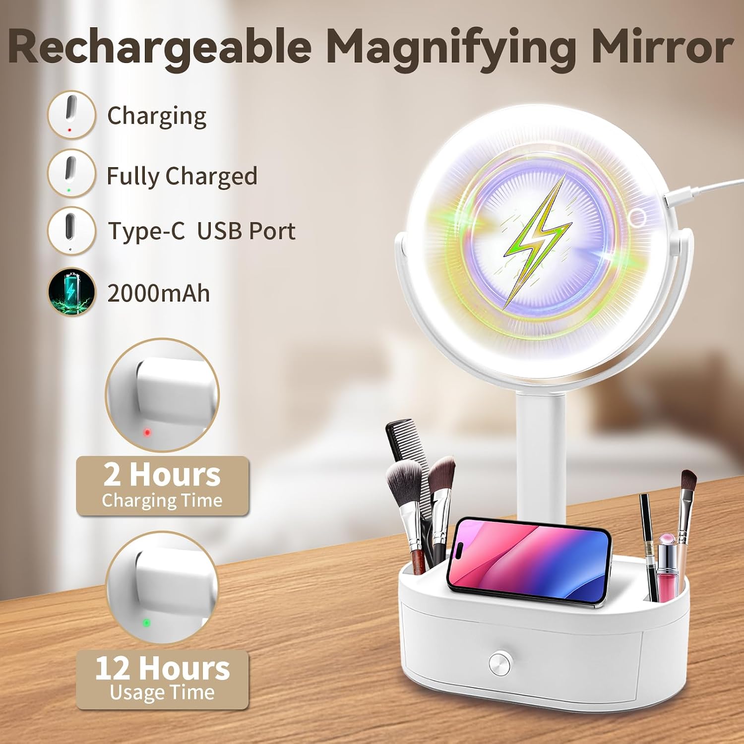 Makeup Mirror with Lights, Lighted Makeup Mirror with Magnification, 80 LED Vanity Mirror with Lights, 3 Color Modes & Stepless Dimming, Shatterp roof & Stable Base - Image 7