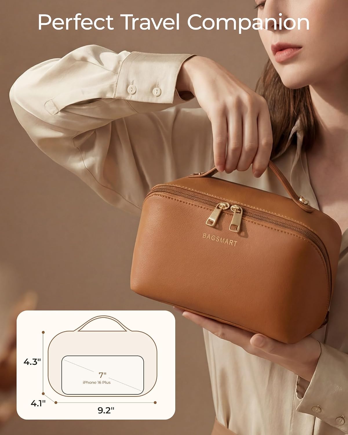 BAGSMART Makeup Bag Travel Cosmetic Bag,Women Toiletry Case, Classic Brown | Make Up Bag Flat Open Toiletry Bag for Women, PU Leather Travel Essentials Wide-open Skincare,Brushes Organizer Case Large - Image 7