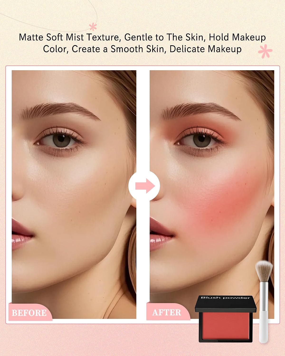 Matte Blush Powder for Cheeks,Contour Blusher Palette with Brush,High Pigment Lightweight Buildable Color, Waterproof Long-lasting Facial Makeup,Christmas Gifts for Women Girl-01# Peach Pink - Image 6